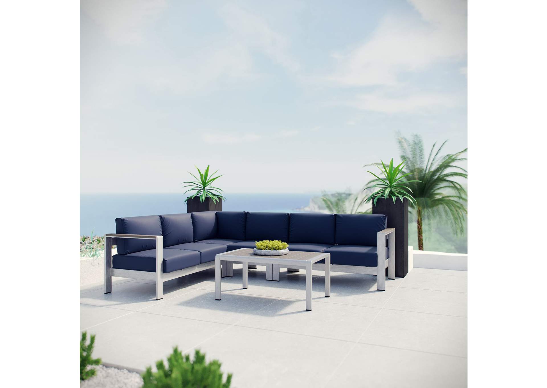 Silver Navy Shore 5 Piece Outdoor Patio Aluminum Sectional Sofa Set,Modway