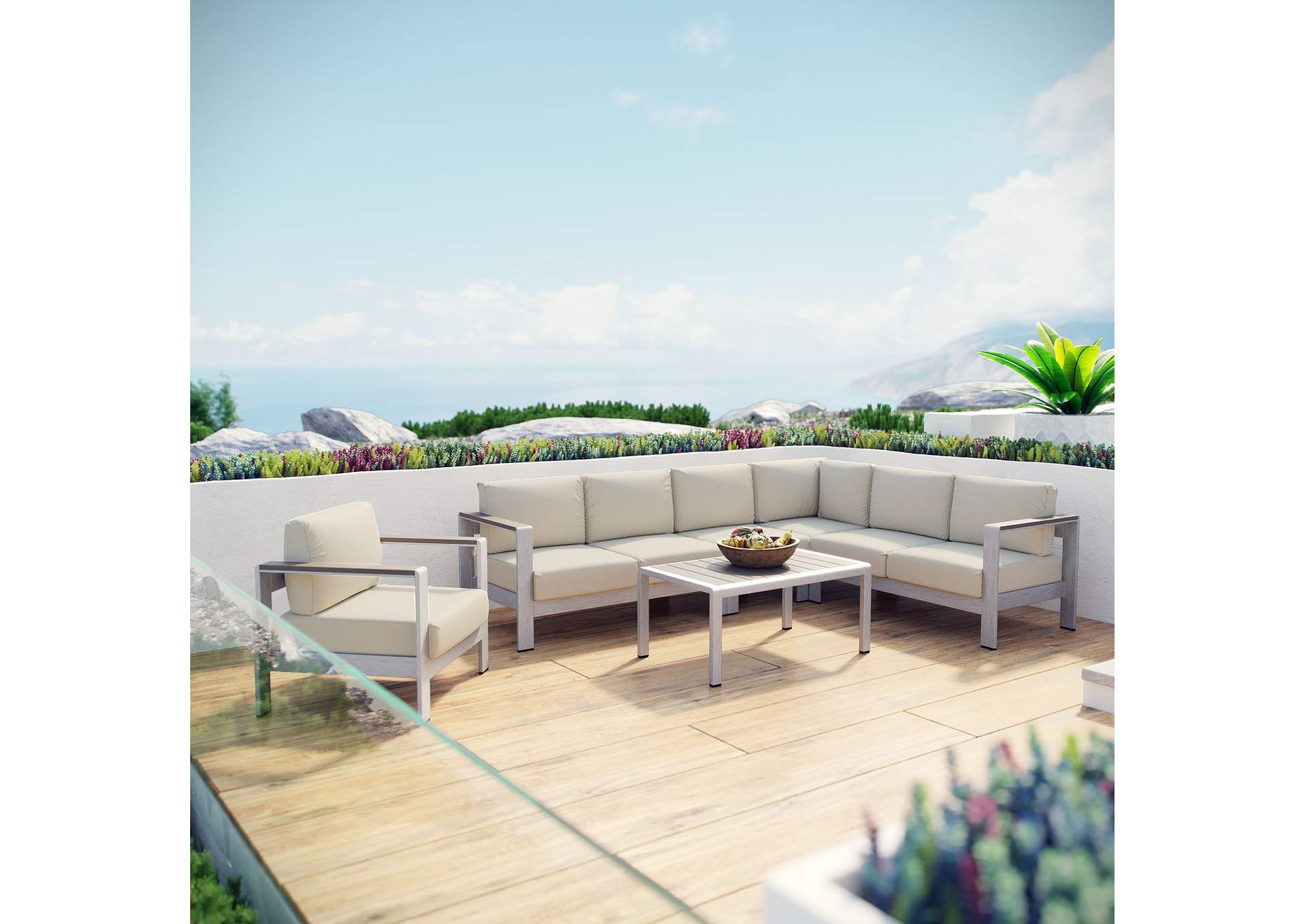 Silver Beige Shore 6 Piece Outdoor Patio Aluminum Sectional Sofa Set,Modway