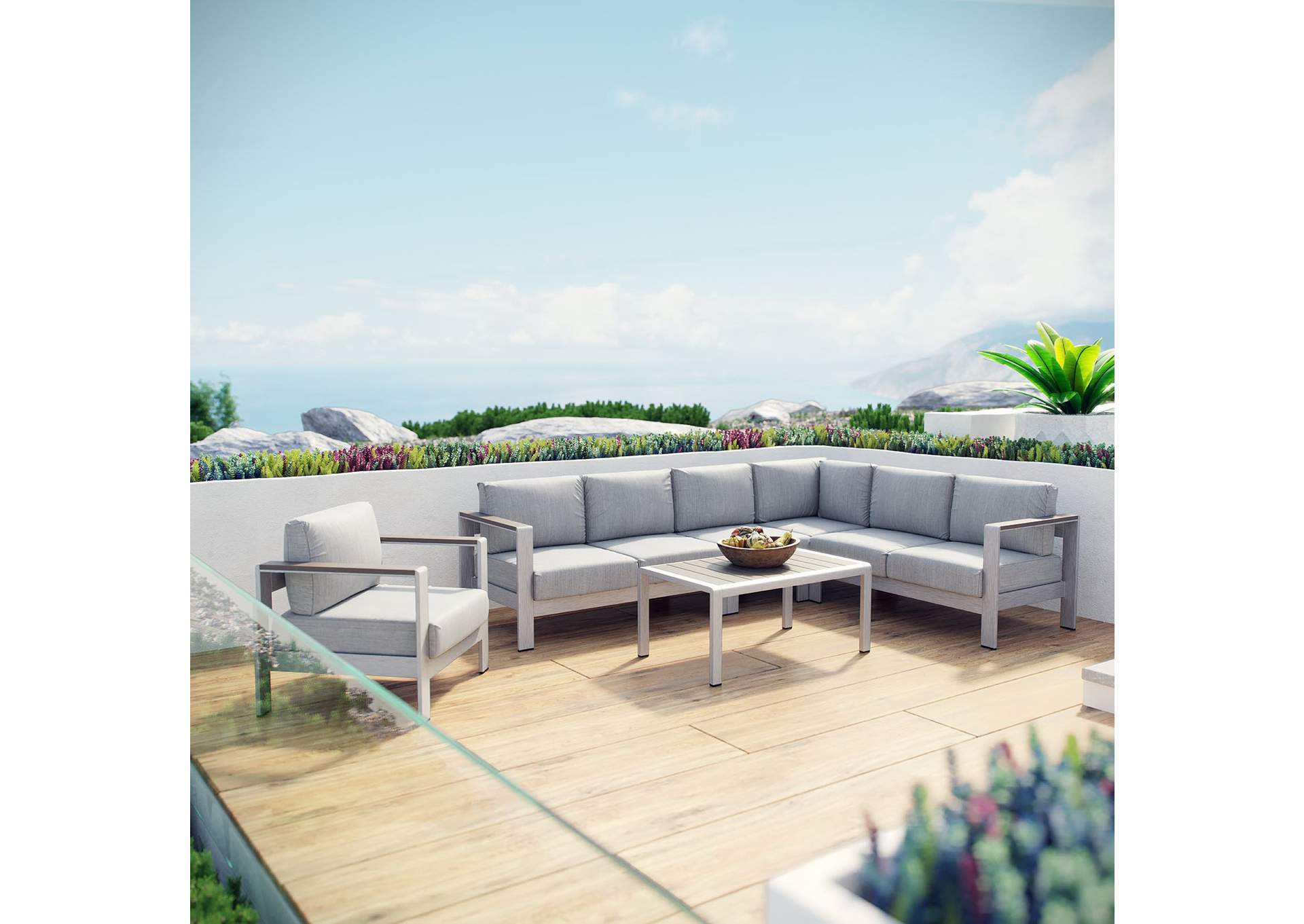 Silver Gray Shore 6 Piece Outdoor Patio Aluminum Sectional Sofa Set,Modway