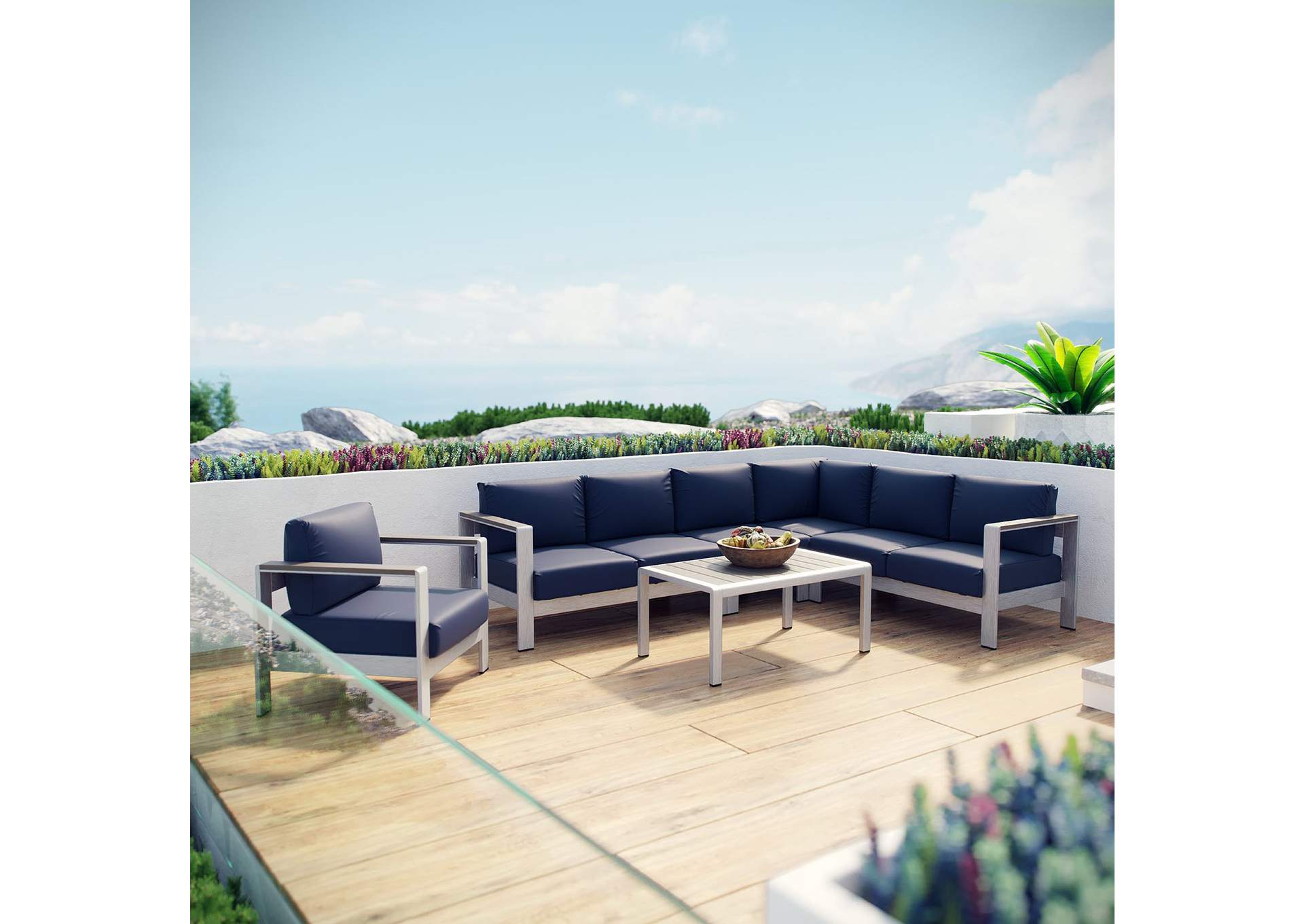 Silver Navy Shore 6 Piece Outdoor Patio Aluminum Sectional Sofa Set,Modway