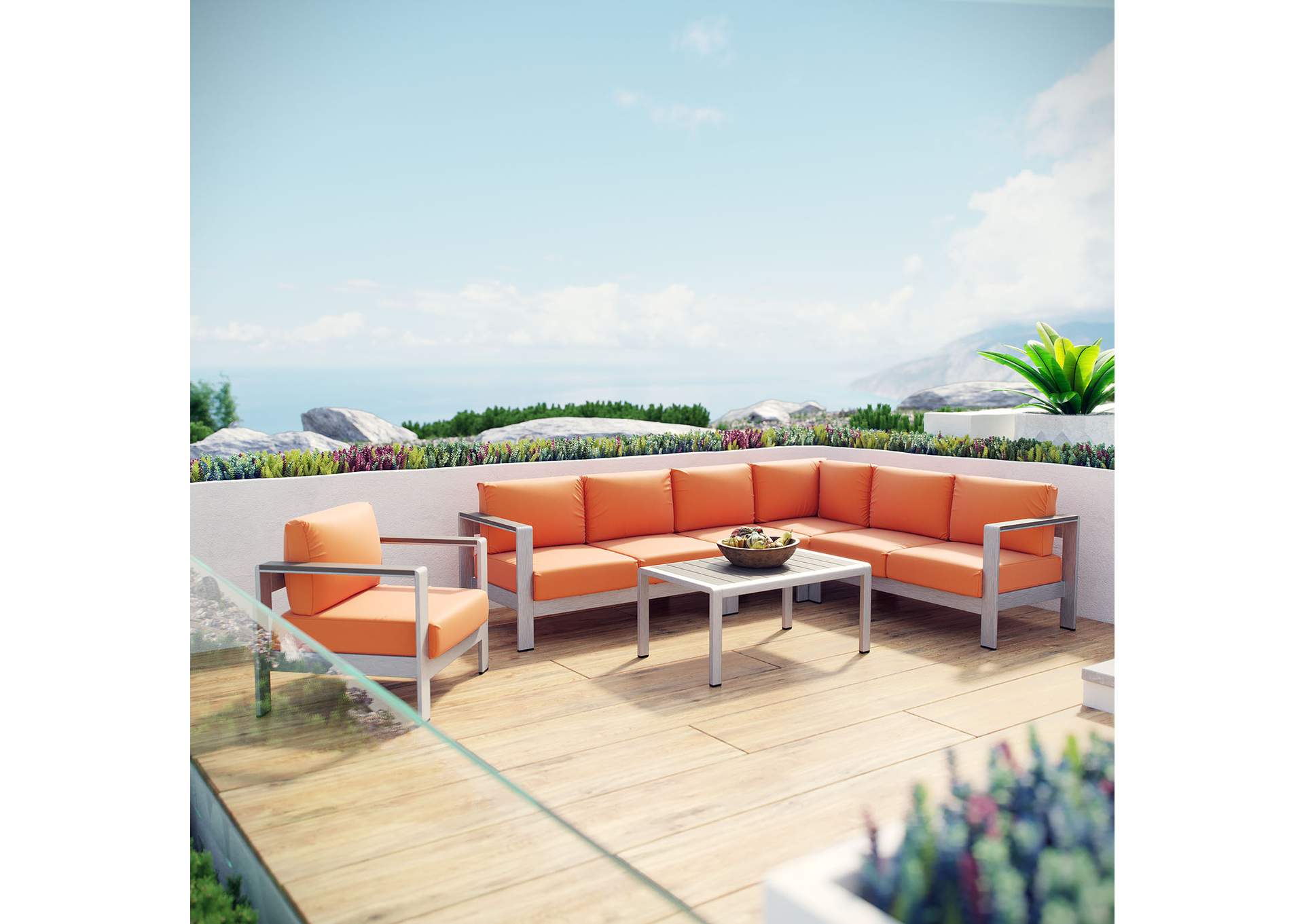 Silver Orange Shore 6 Piece Outdoor Patio Aluminum Sectional Sofa Set,Modway