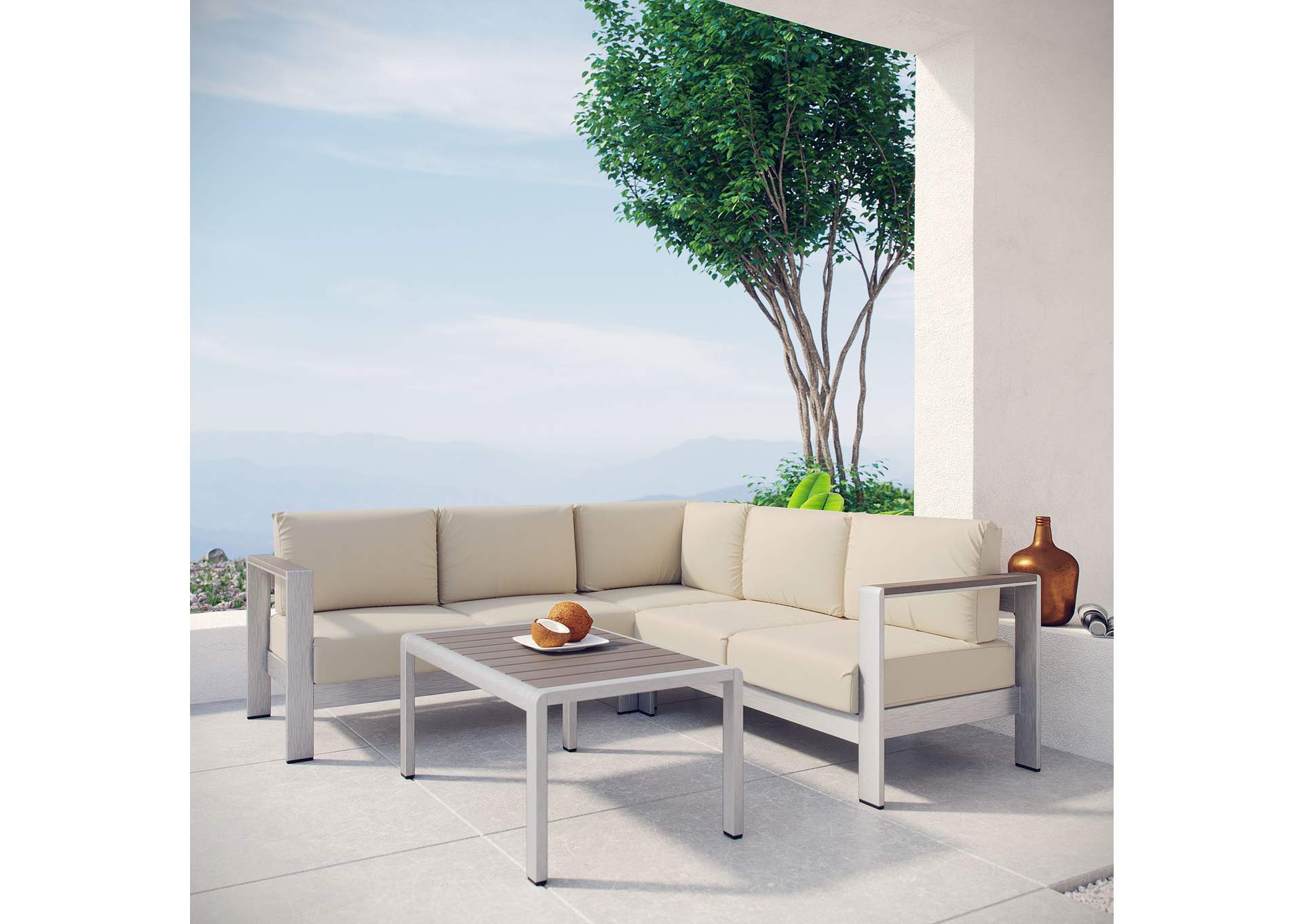 Silver Beige Shore 4 Piece Outdoor Patio Aluminum Sectional Sofa Set,Modway