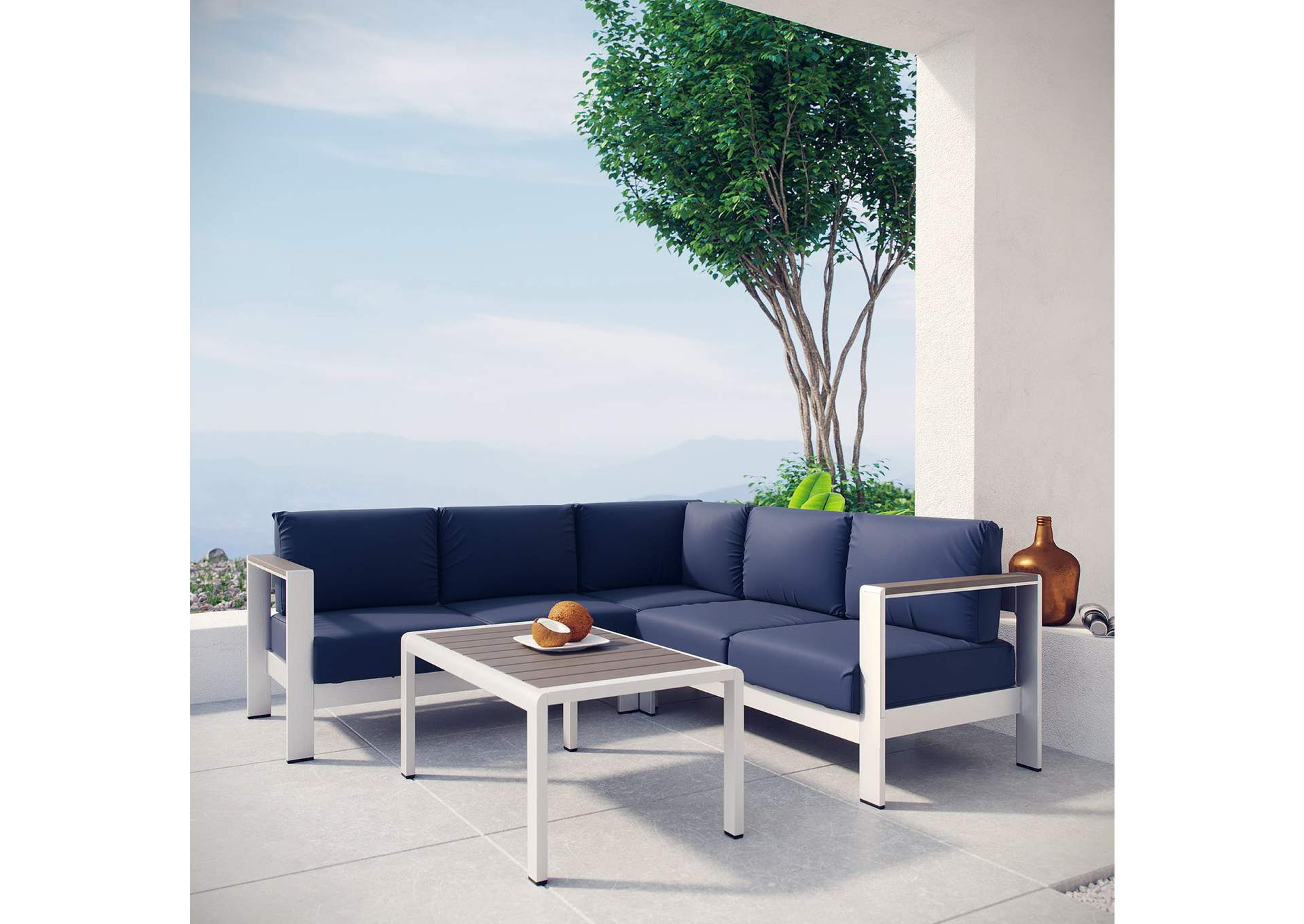 Silver Navy Shore 4 Piece Outdoor Patio Aluminum Sectional Sofa Set,Modway