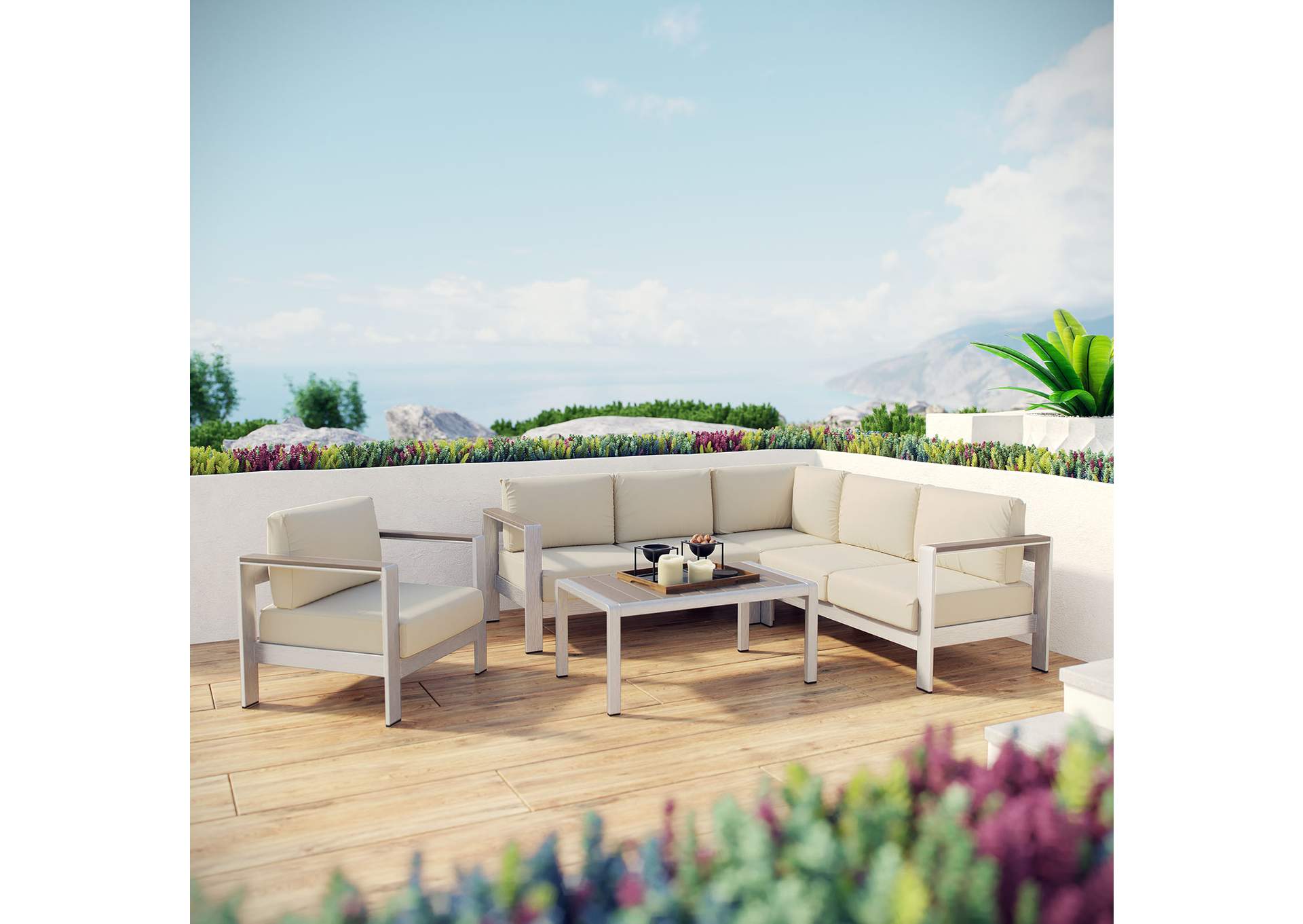 Silver Beige Shore 5 Piece Outdoor Patio Aluminum Sectional Sofa Set,Modway