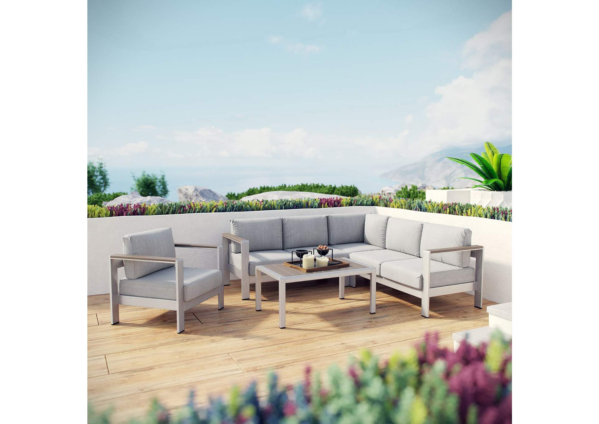Silver Gray Shore 5 Piece Outdoor Patio Aluminum Sectional Sofa Set,Modway