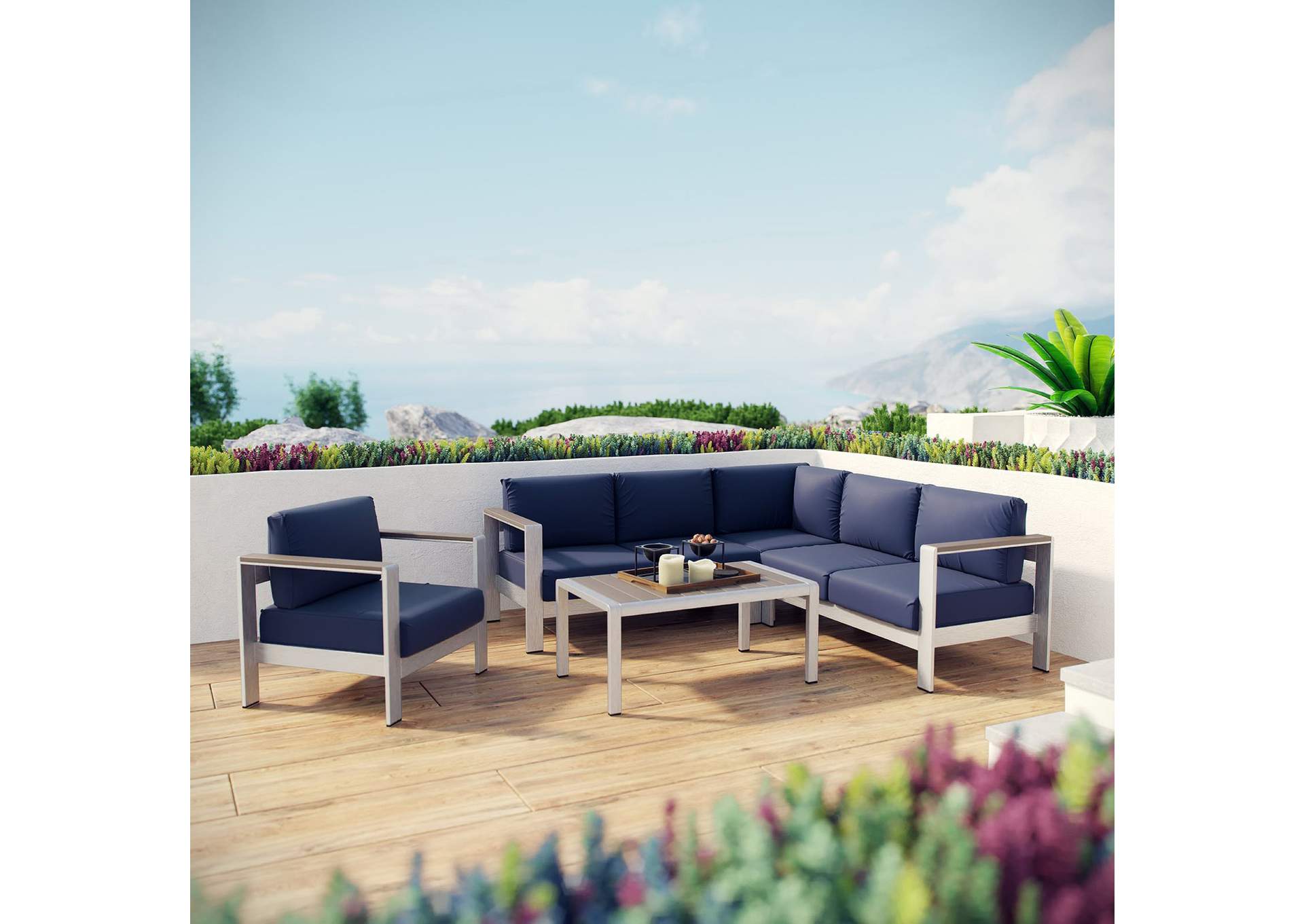 Silver Navy Shore 5 Piece Outdoor Patio Aluminum Sectional Sofa Set,Modway