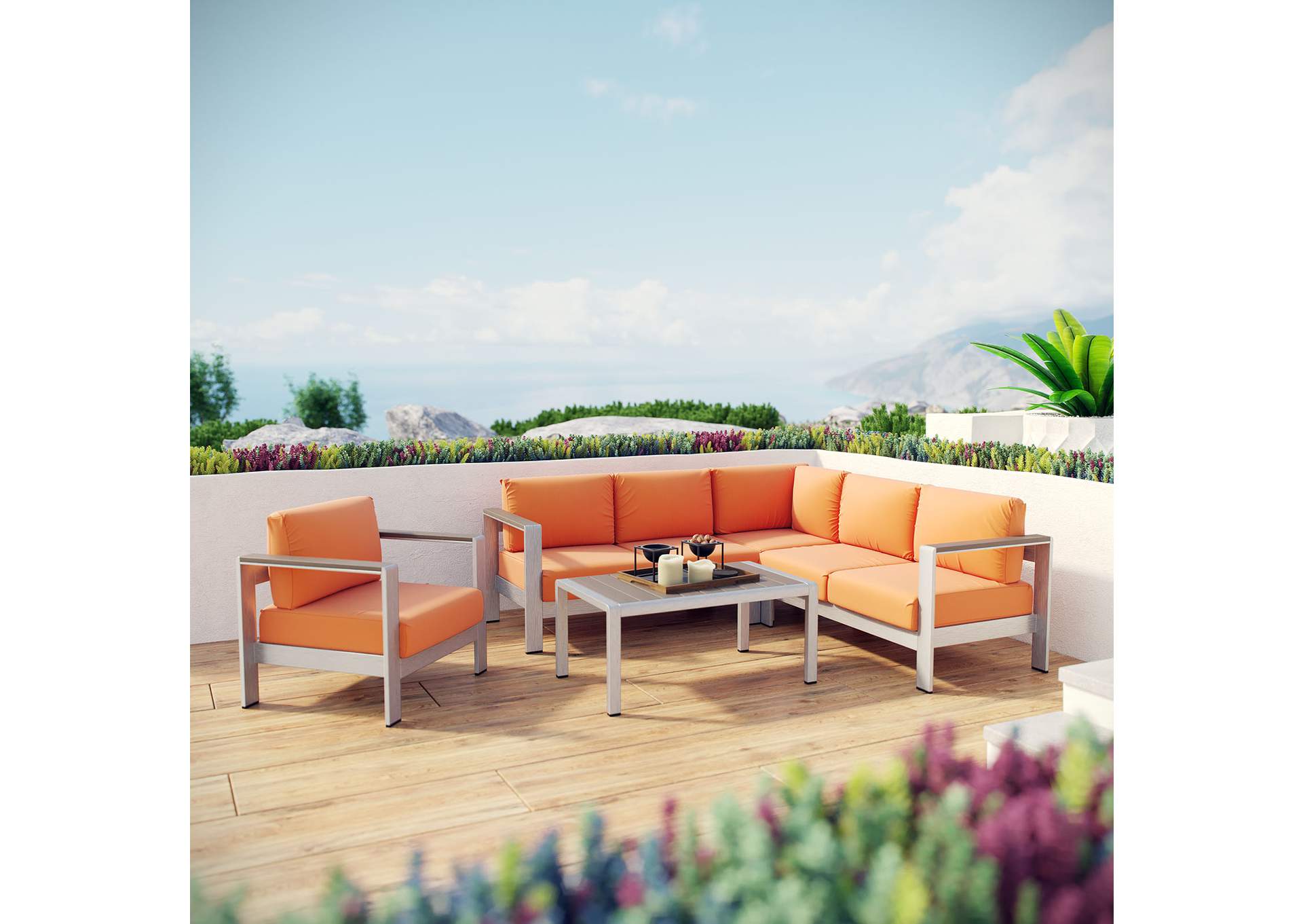 Silver Orange Shore 5 Piece Outdoor Patio Aluminum Sectional Sofa Set,Modway