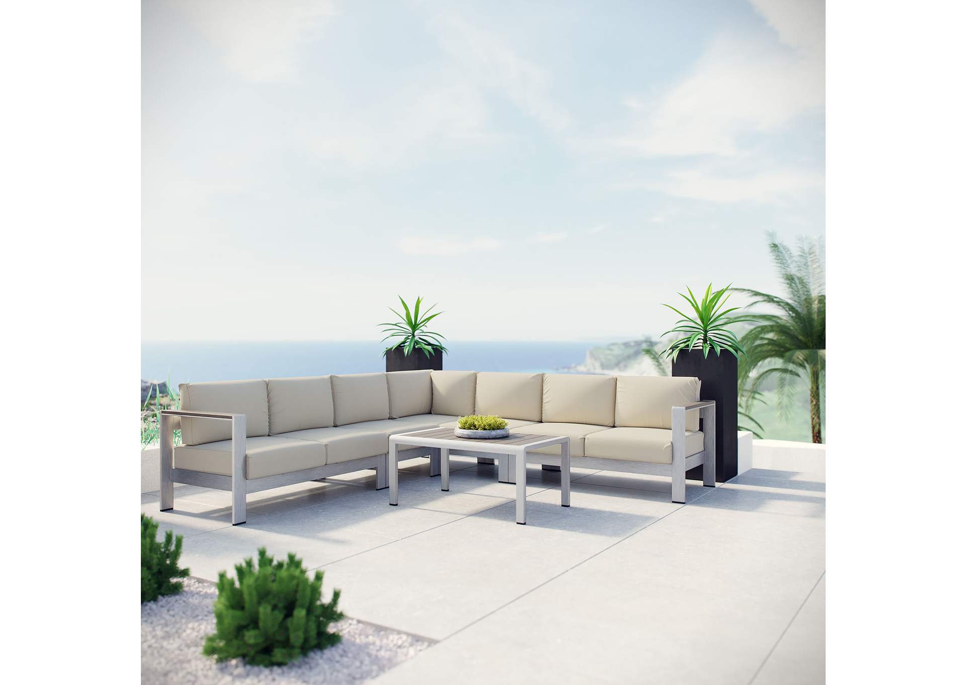 Silver Beige Shore 6 Piece Outdoor Patio Aluminum Sectional Sofa Set,Modway