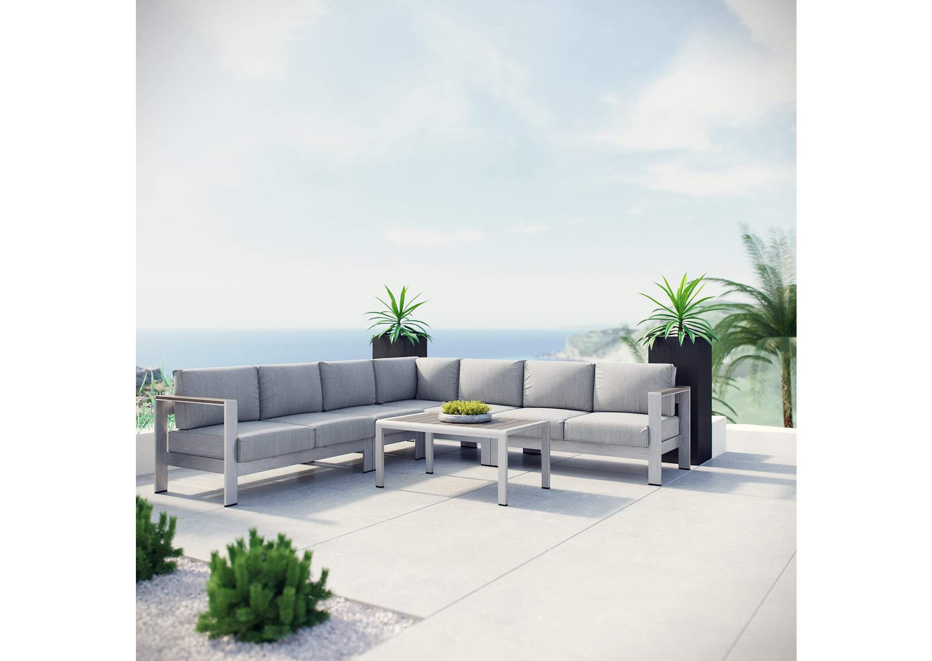 Silver Gray Shore 6 Piece Outdoor Patio Aluminum Sectional Sofa Set,Modway