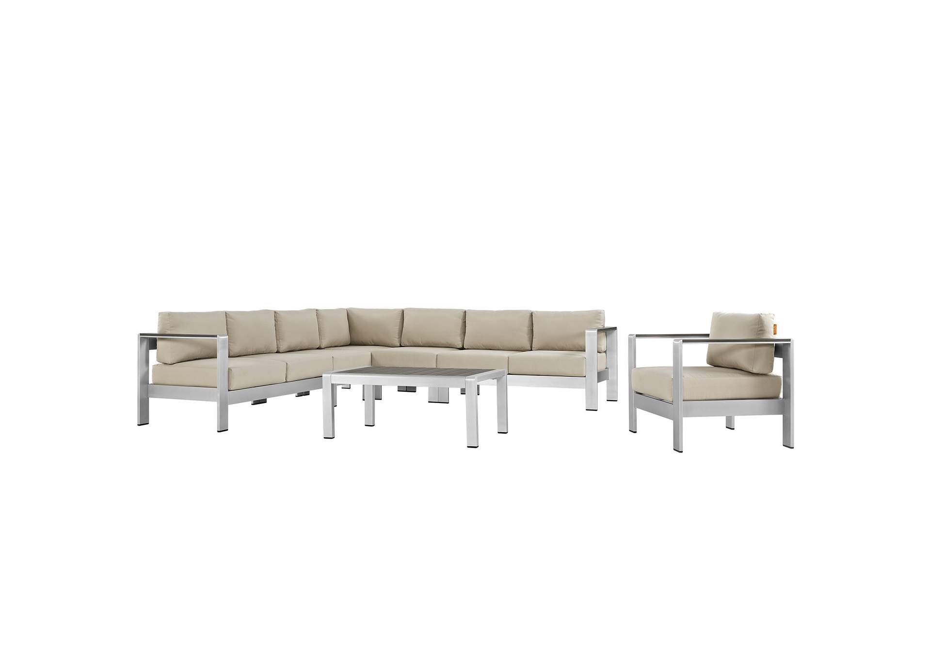 Silver Beige Shore 7 Piece Outdoor Patio Aluminum Sectional Sofa Set,Modway