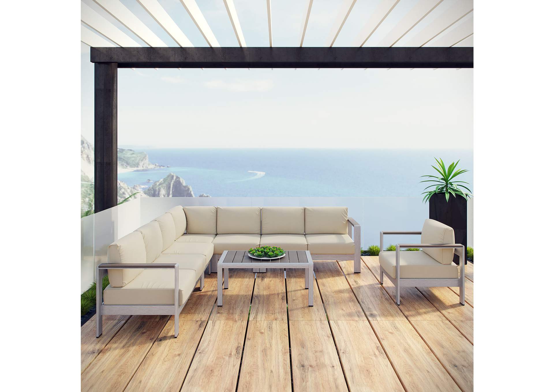 Silver Beige Shore 7 Piece Outdoor Patio Aluminum Sectional Sofa Set,Modway