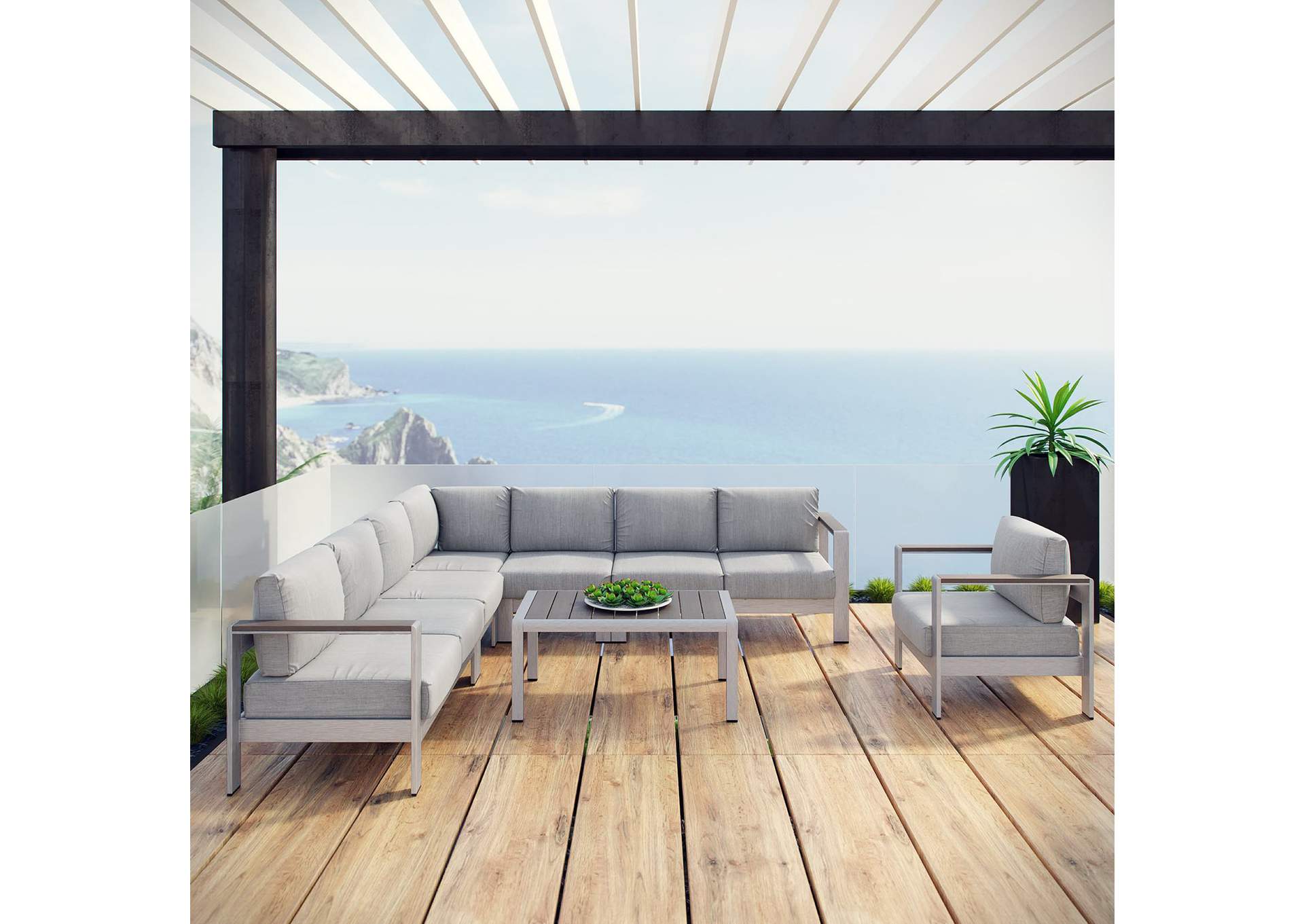 Silver Gray Shore 7 Piece Outdoor Patio Aluminum Sectional Sofa Set,Modway