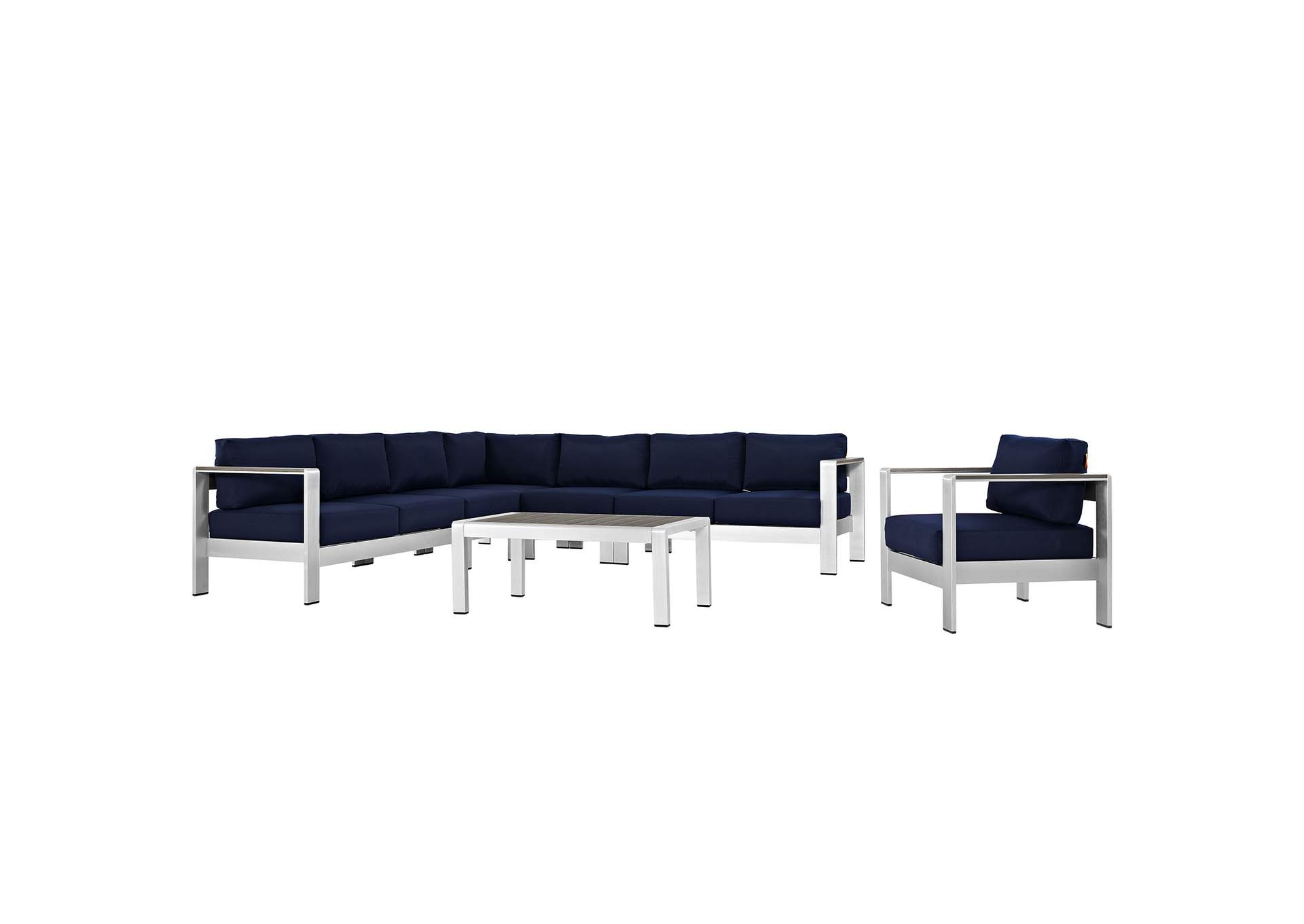 Silver Navy Shore 7 Piece Outdoor Patio Aluminum Sectional Sofa Set,Modway