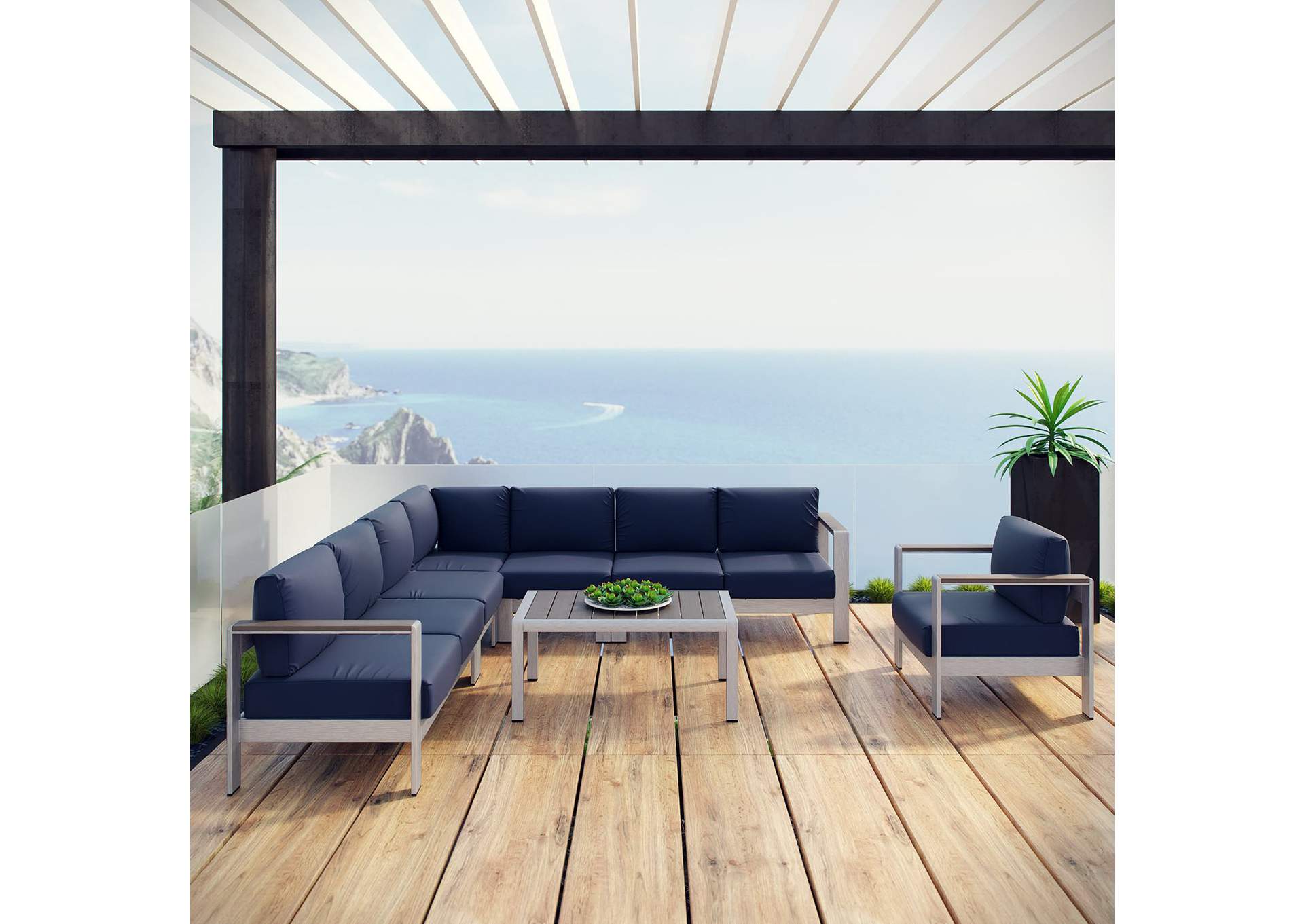 Silver Navy Shore 7 Piece Outdoor Patio Aluminum Sectional Sofa Set,Modway