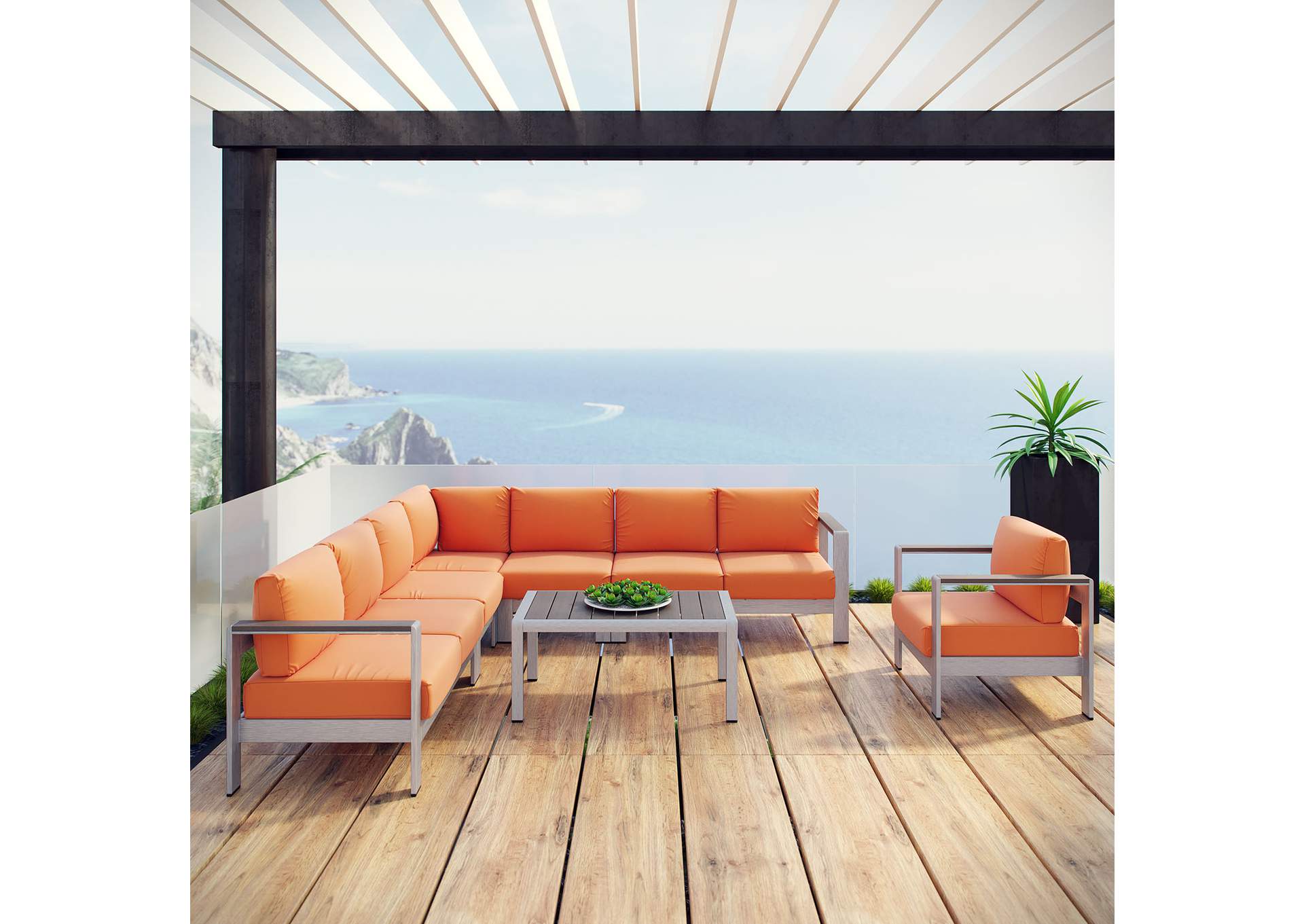 Silver Orange Shore 7 Piece Outdoor Patio Aluminum Sectional Sofa Set,Modway