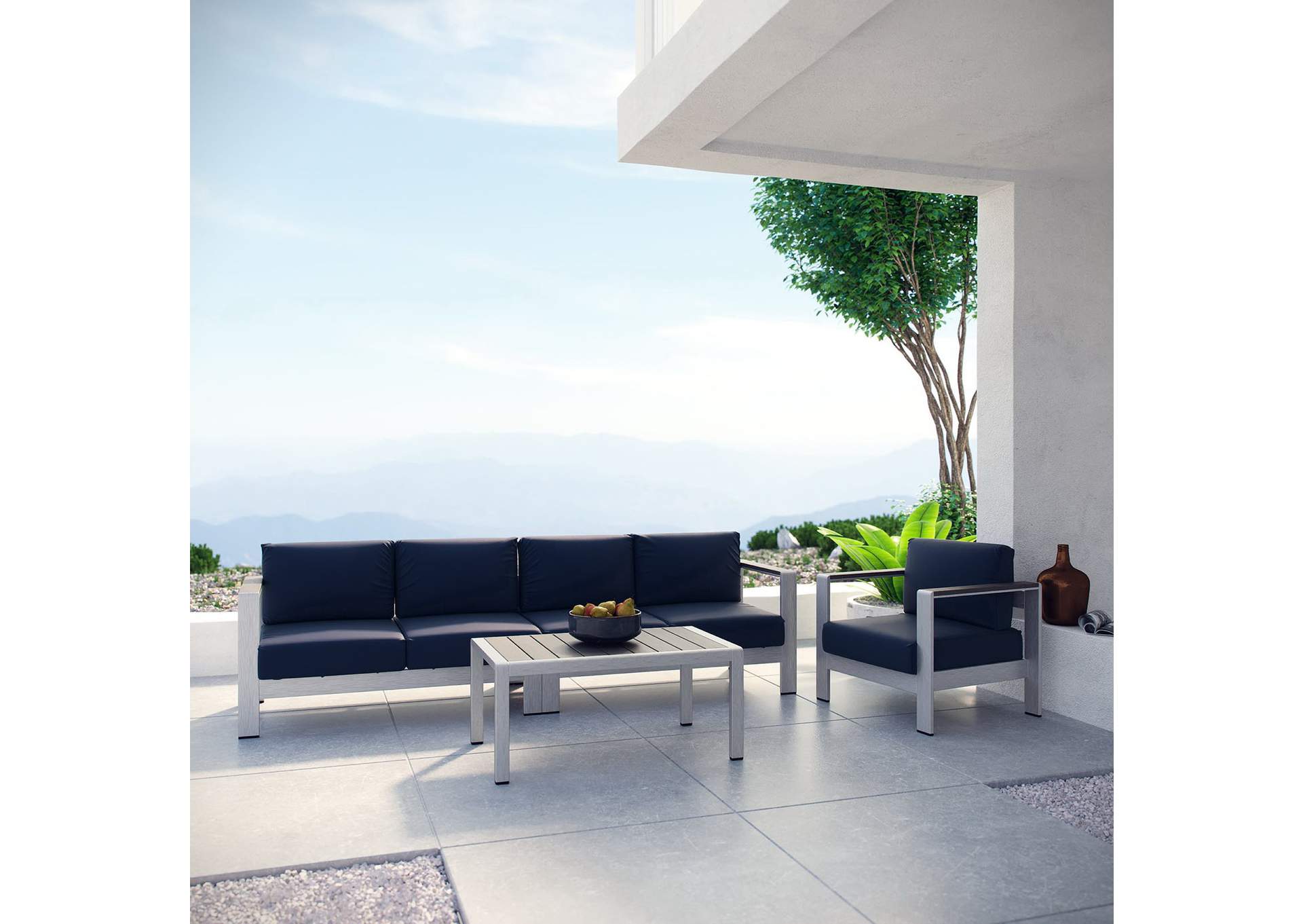 Silver Navy Shore 4 Piece Outdoor Patio Aluminum Sectional Sofa Set,Modway