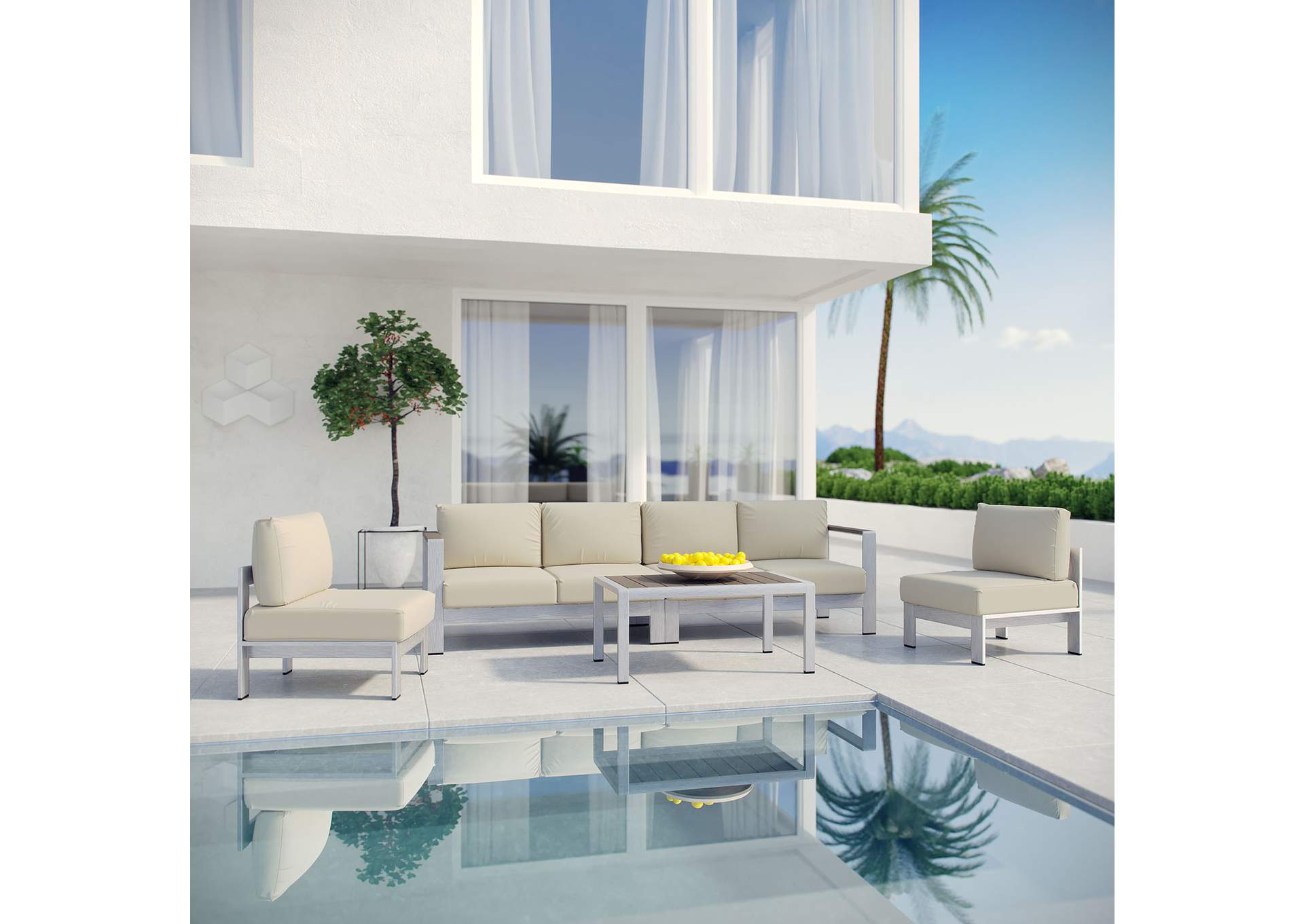Silver Beige Shore 5 Piece Outdoor Patio Aluminum Sectional Sofa Set,Modway