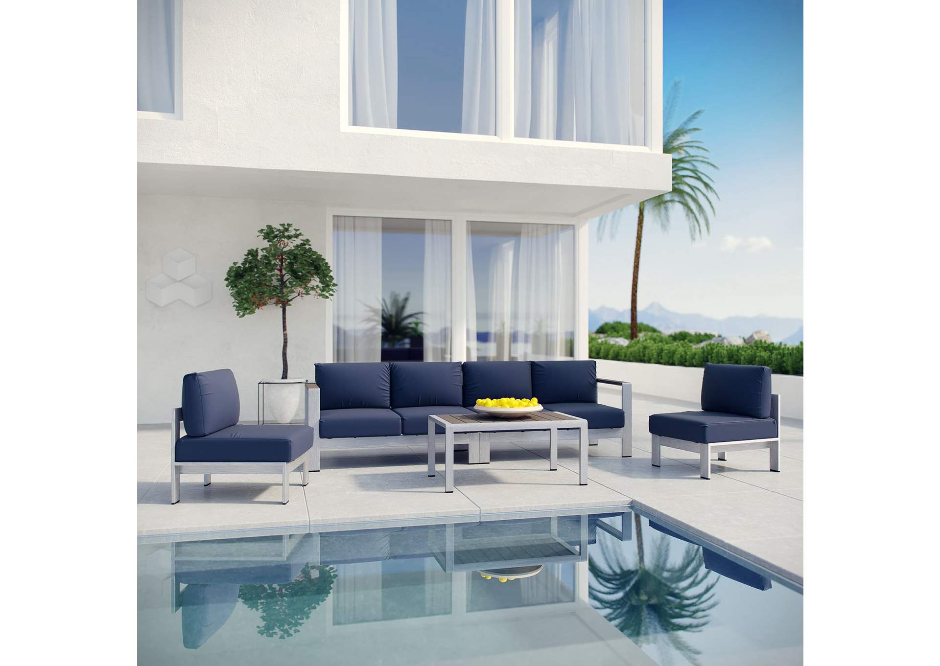 Silver Navy Shore 5 Piece Outdoor Patio Aluminum Sectional Sofa Set,Modway