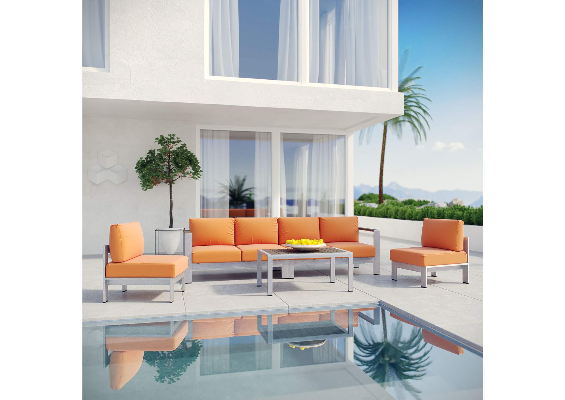 Silver Orange Shore 5 Piece Outdoor Patio Aluminum Sectional Sofa Set,Modway