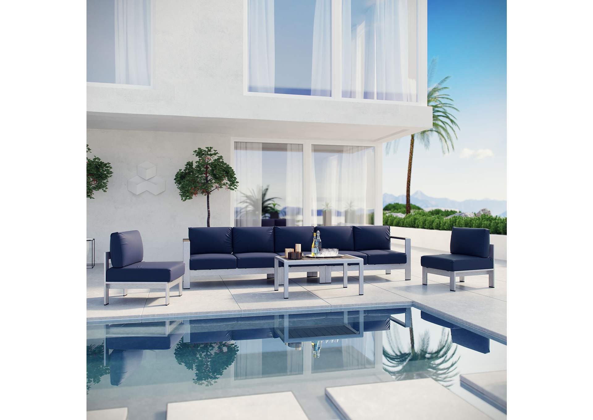 Silver Navy Shore 6 Piece Outdoor Patio Aluminum Sectional Sofa Set,Modway