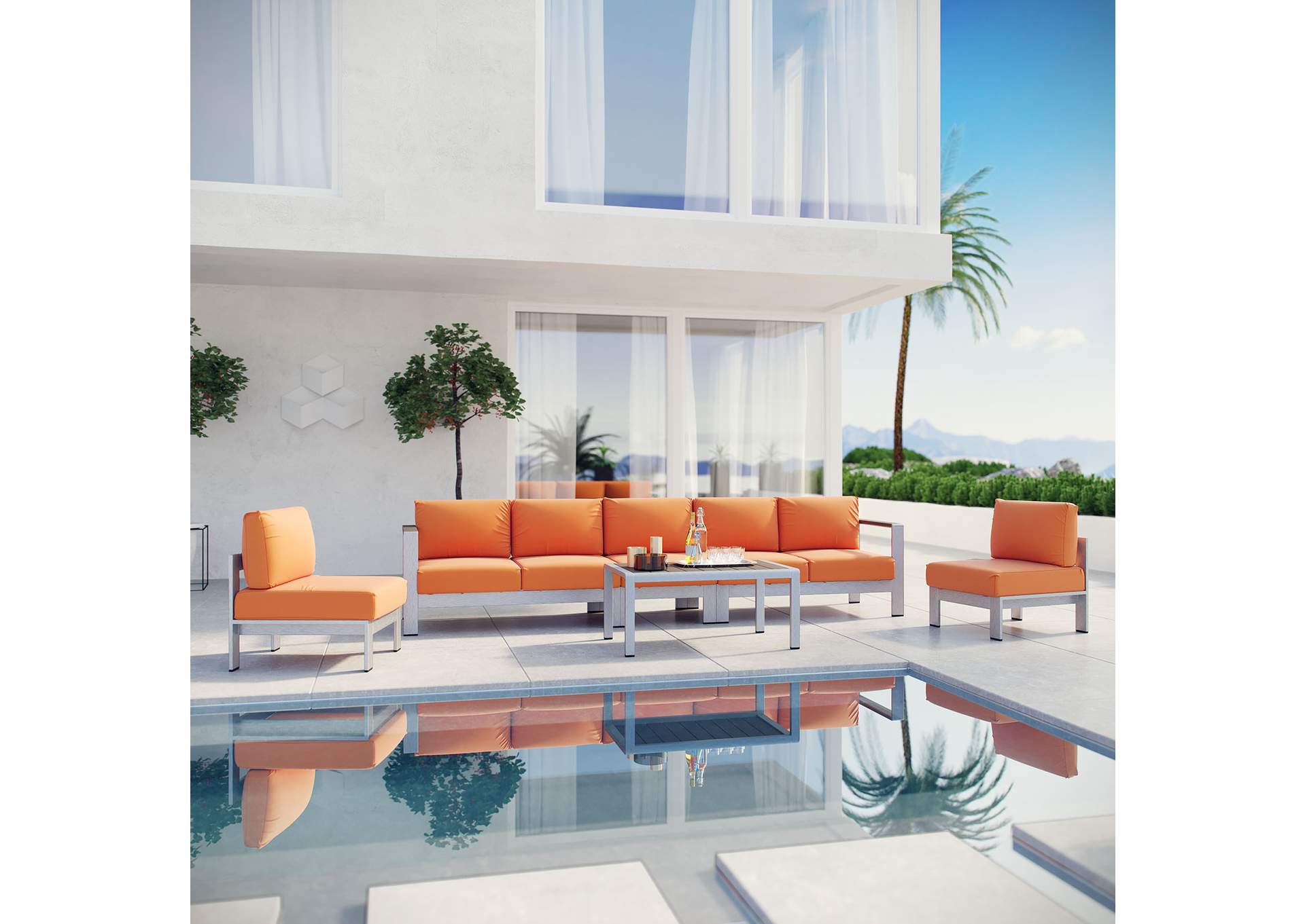 Silver Orange Shore 6 Piece Outdoor Patio Aluminum Sectional Sofa Set,Modway