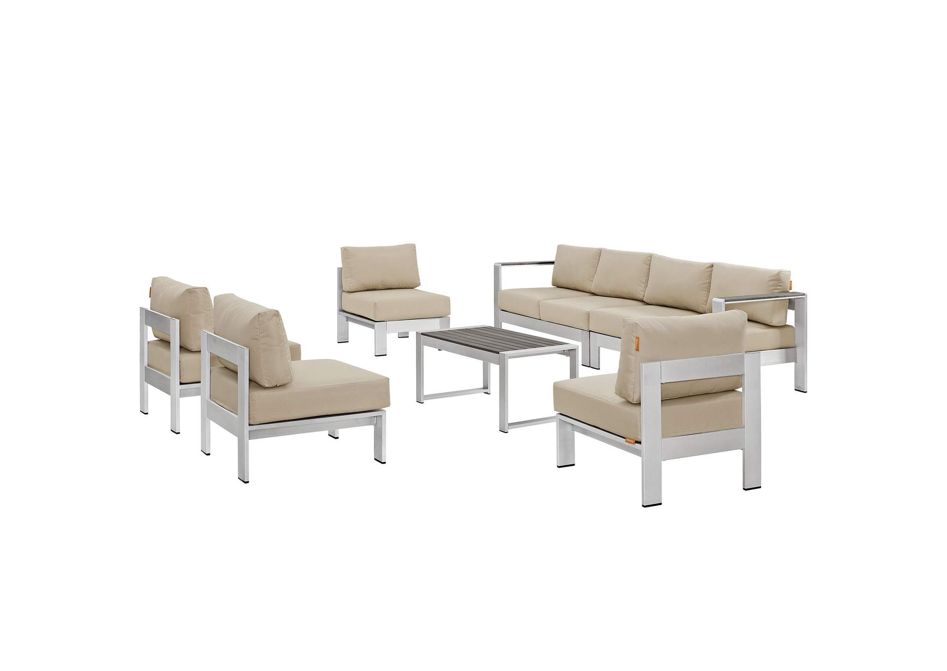 Silver Beige Shore 7 Piece Outdoor Patio Sectional Sofa Set,Modway