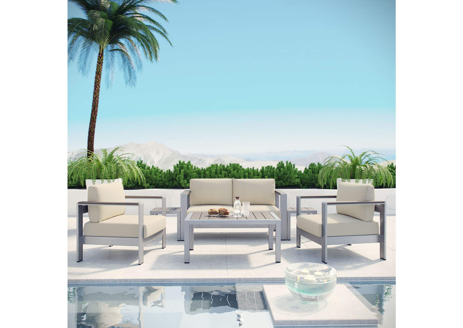 Silver Beige Shore 6 Piece Outdoor Patio Aluminum Sectional Sofa Set,Modway
