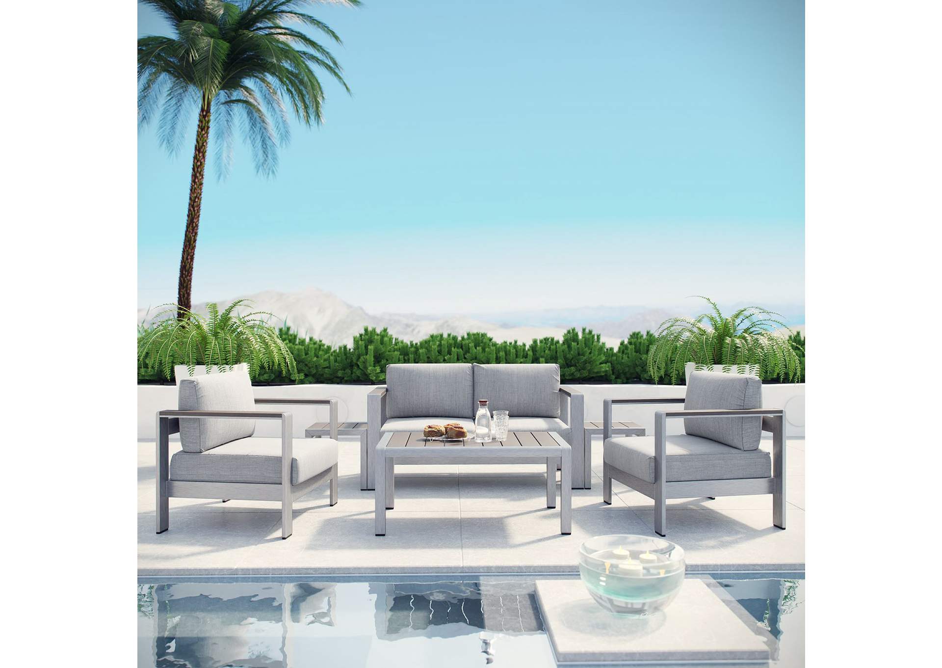 Silver Gray Shore 6 Piece Outdoor Patio Aluminum Sectional Sofa Set,Modway