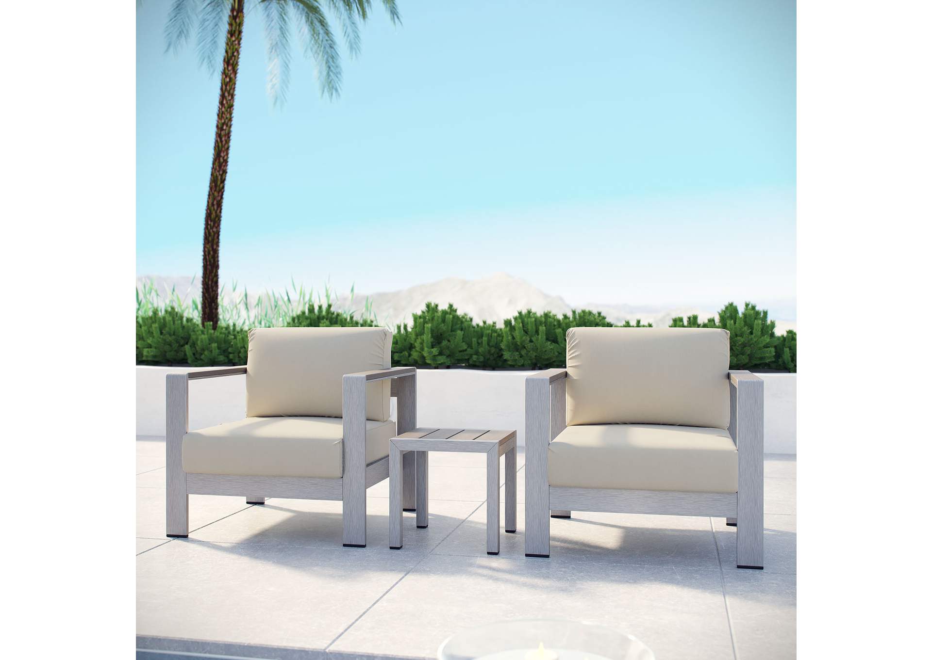 Silver Beige Shore 3 Piece Outdoor Patio Aluminum Set,Modway