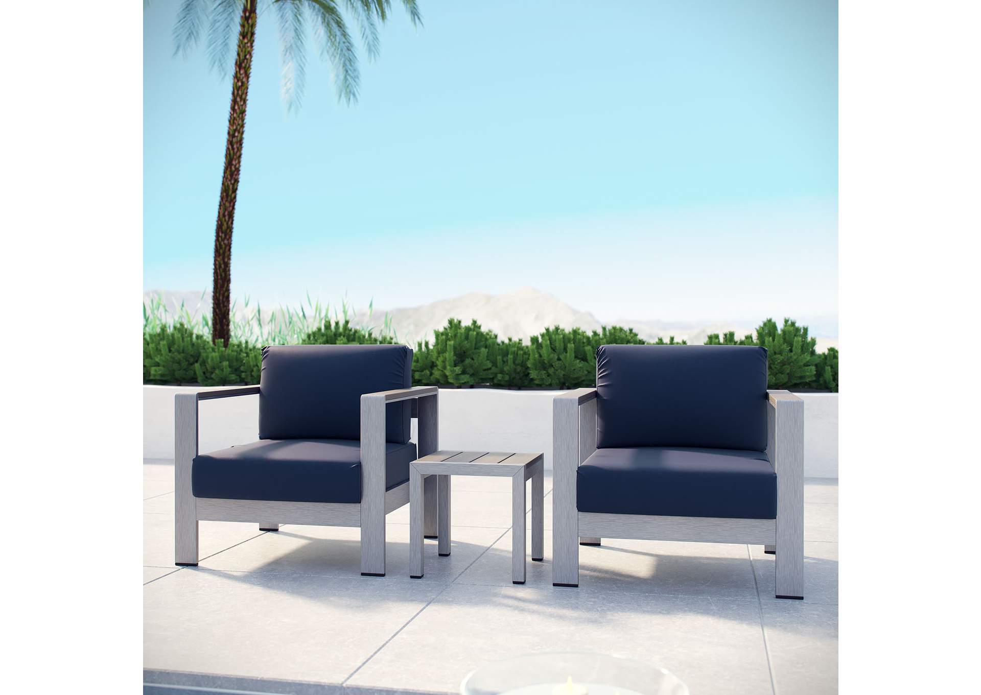 Silver Navy Shore 3 Piece Outdoor Patio Aluminum Set,Modway