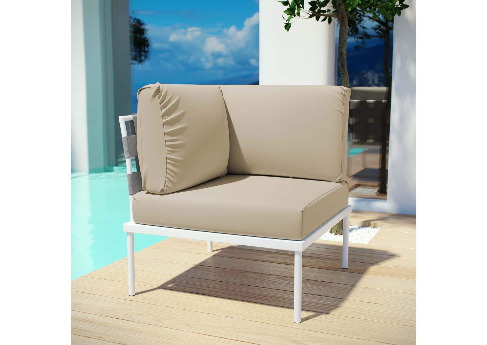 White Beige Harmony Outdoor Patio Aluminum Corner Sofa,Modway