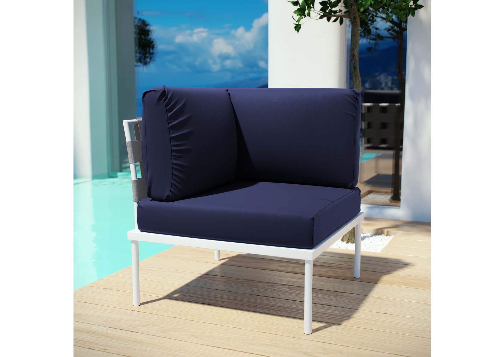 Harmony White Navy Outdoor Patio Aluminum Corner Sofa,Modway