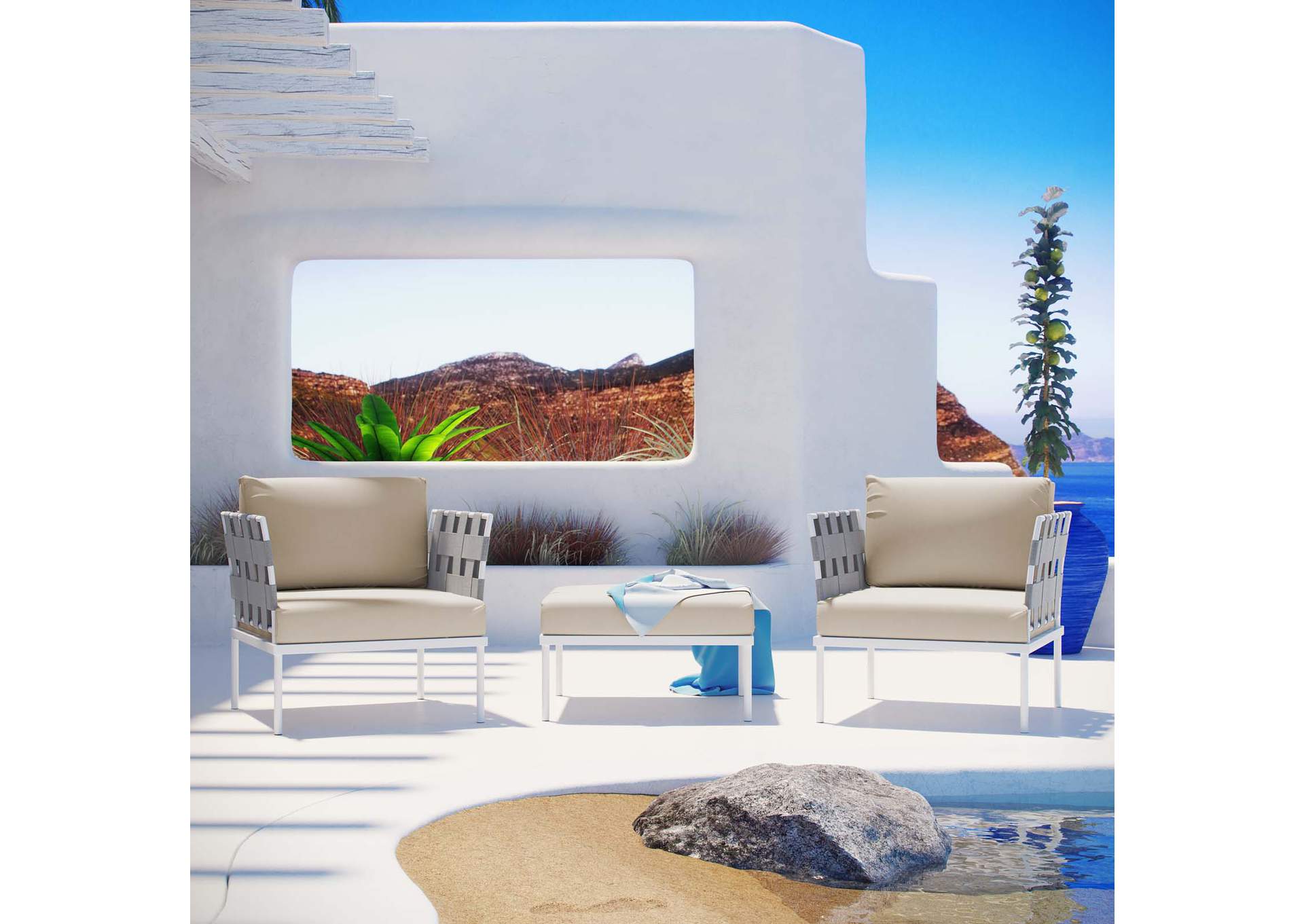 White Beige Harmony 3 Piece Outdoor Patio Aluminum Sectional Sofa Set,Modway