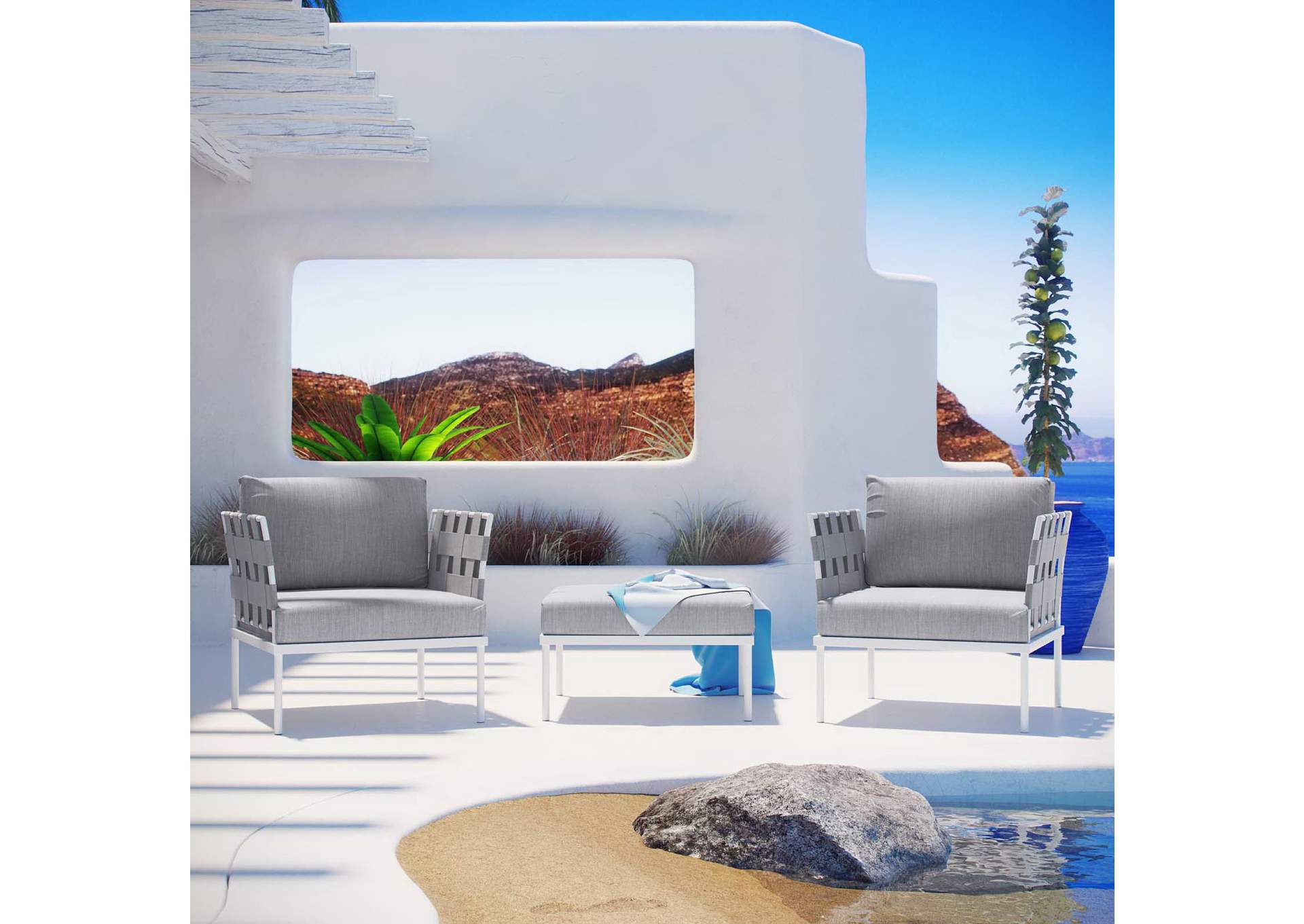 White Gray Harmony 3 Piece Outdoor Patio Aluminum Sectional Sofa Set,Modway