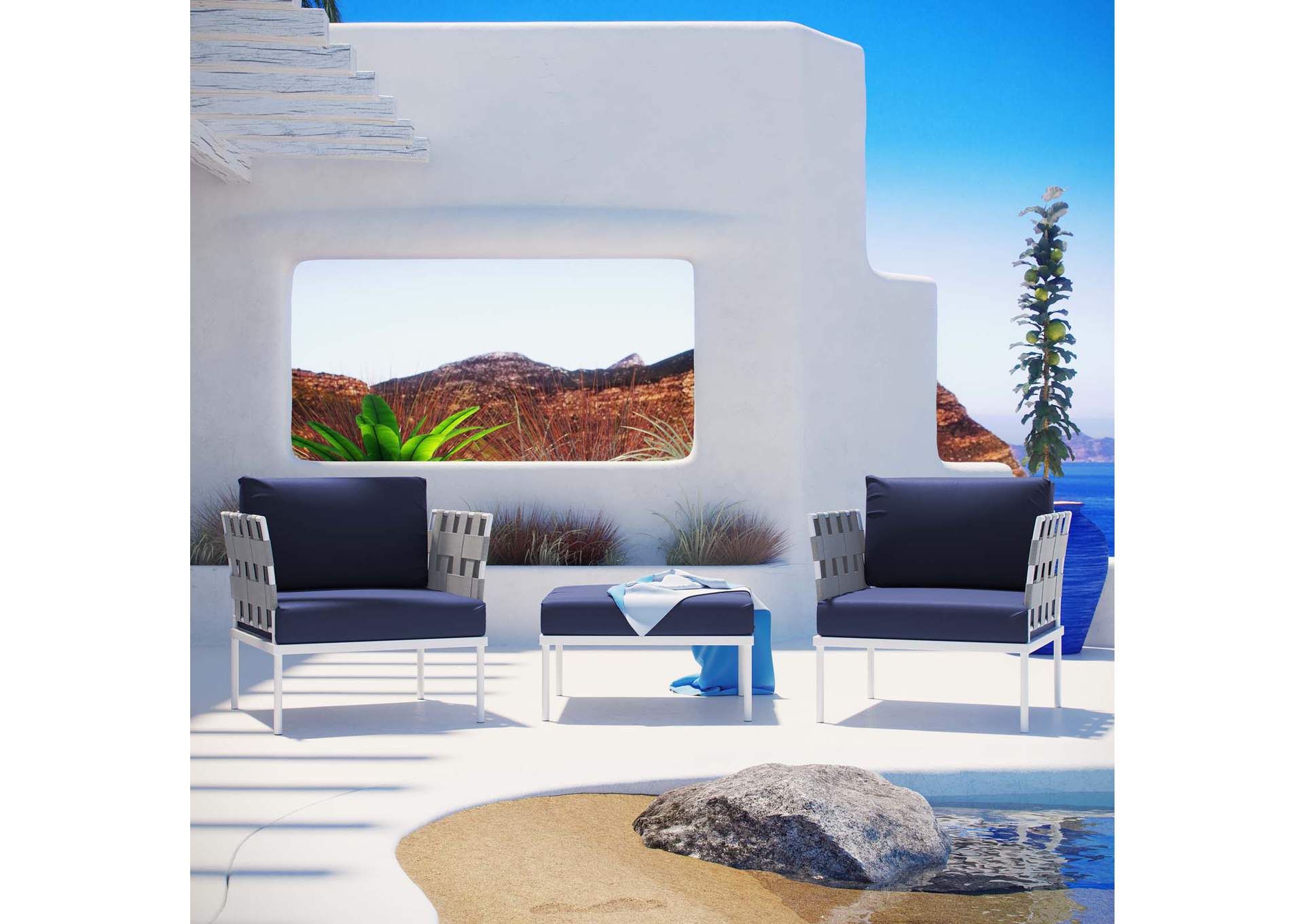 White Navy Harmony 3 Piece Outdoor Patio Aluminum Sectional Sofa Set,Modway