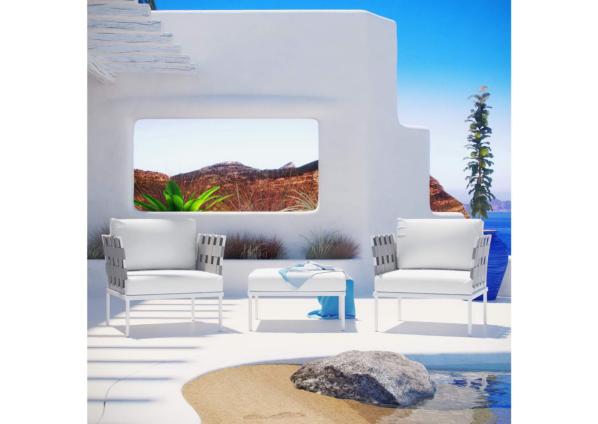 White White Harmony 3 Piece Outdoor Patio Aluminum Sectional Sofa Set,Modway