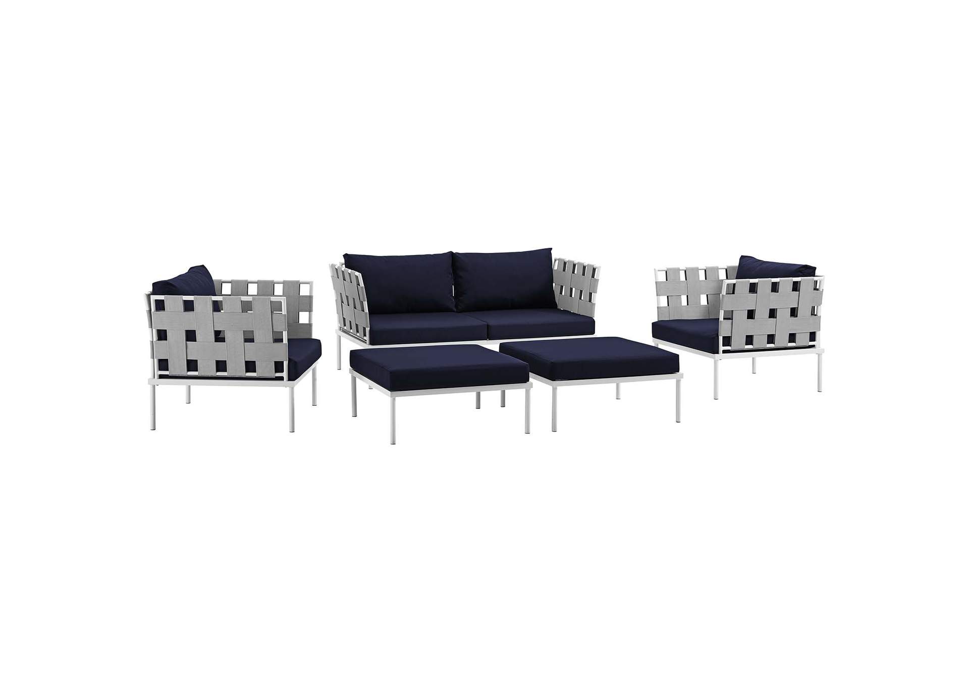 Harmony White Navy 5 Piece Outdoor Patio Aluminum Sectional Sofa Set,Modway