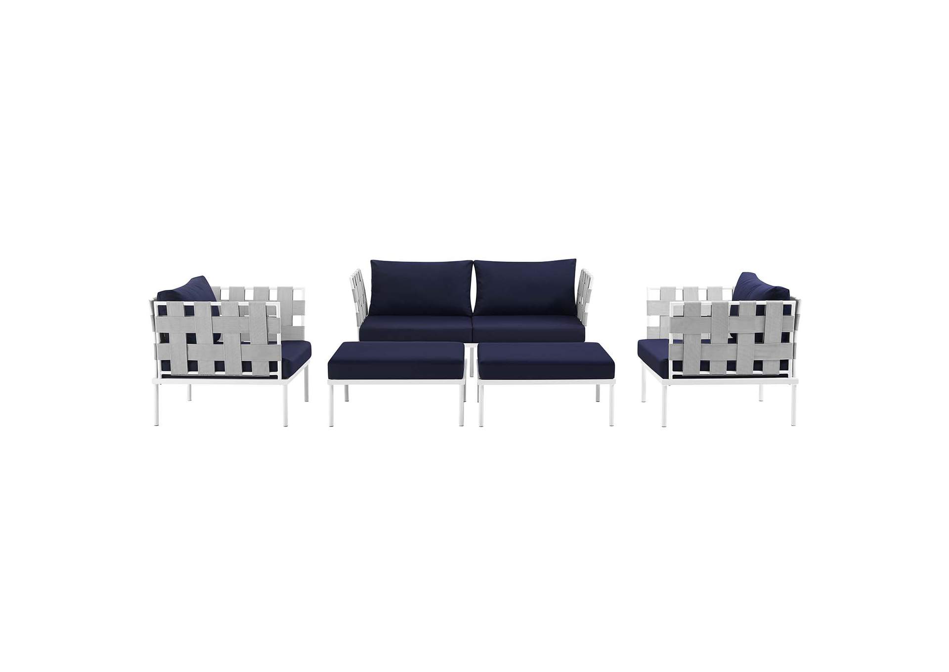 Harmony White Navy 5 Piece Outdoor Patio Aluminum Sectional Sofa Set,Modway