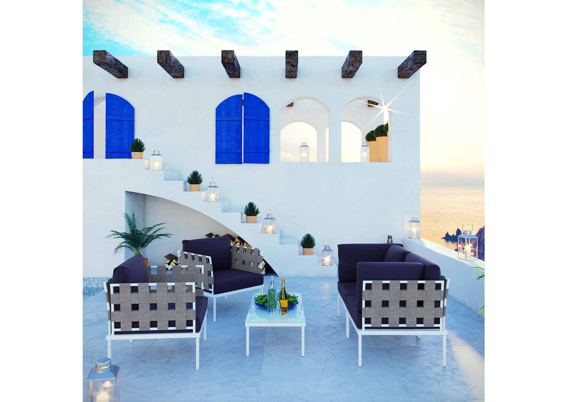 White Navy Harmony 5  Piece Outdoor Patio Aluminum Sectional Sofa Set,Modway