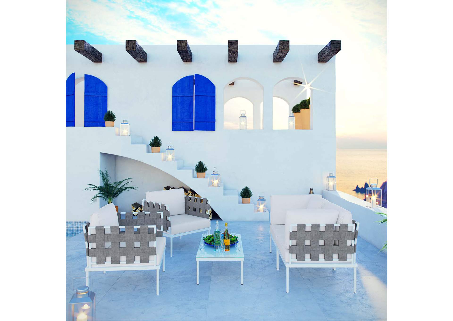 White White Harmony 5  Piece Outdoor Patio Aluminum Sectional Sofa Set,Modway