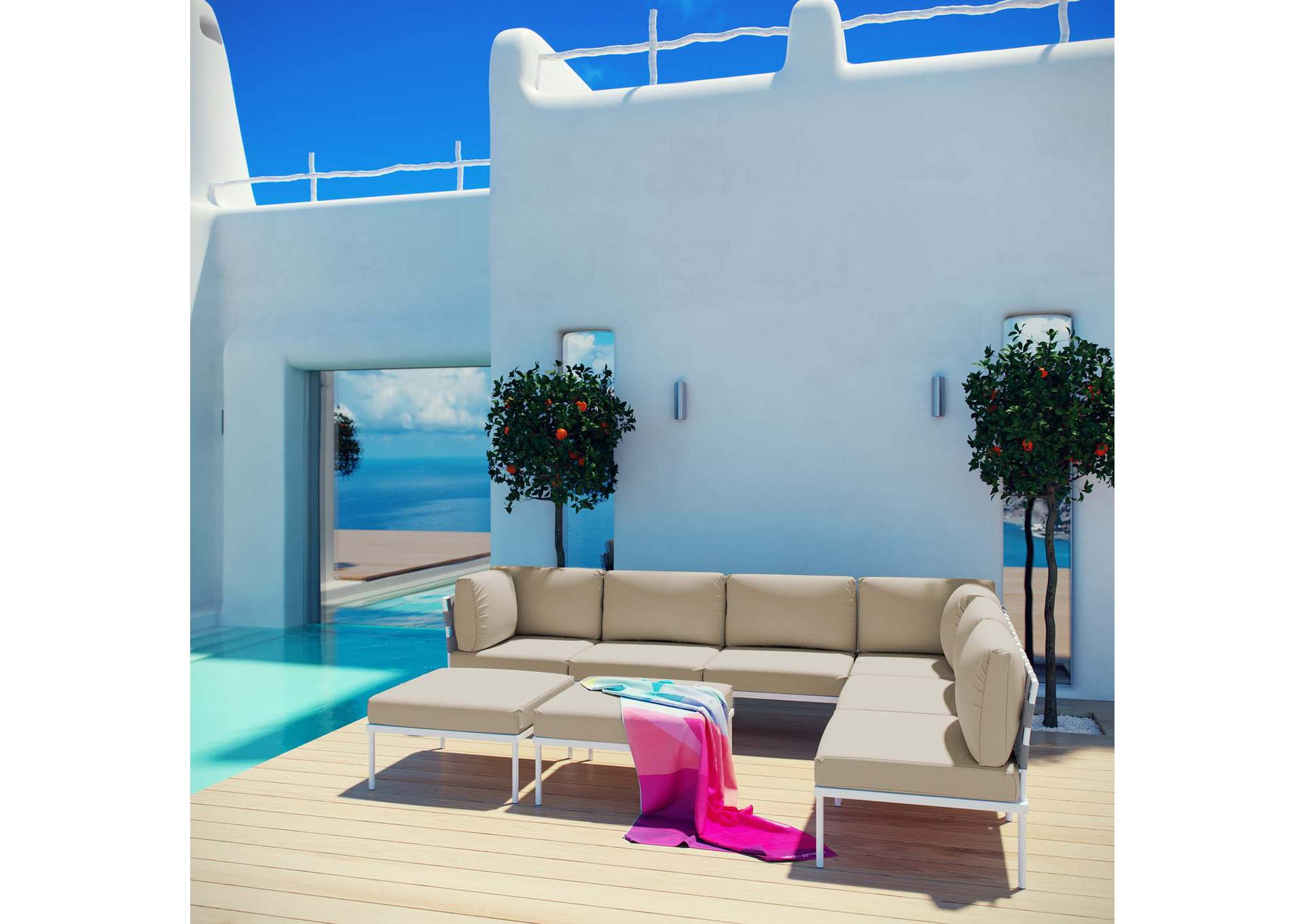 White Beige Harmony 8 Piece Outdoor Patio Aluminum Sectional Sofa Set,Modway