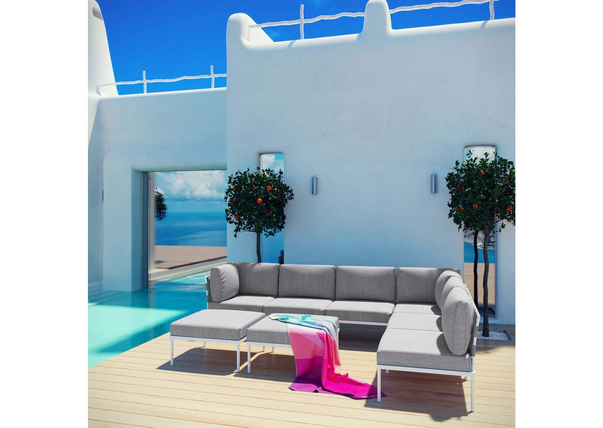 White Gray Harmony 8 Piece Outdoor Patio Aluminum Sectional Sofa Set,Modway
