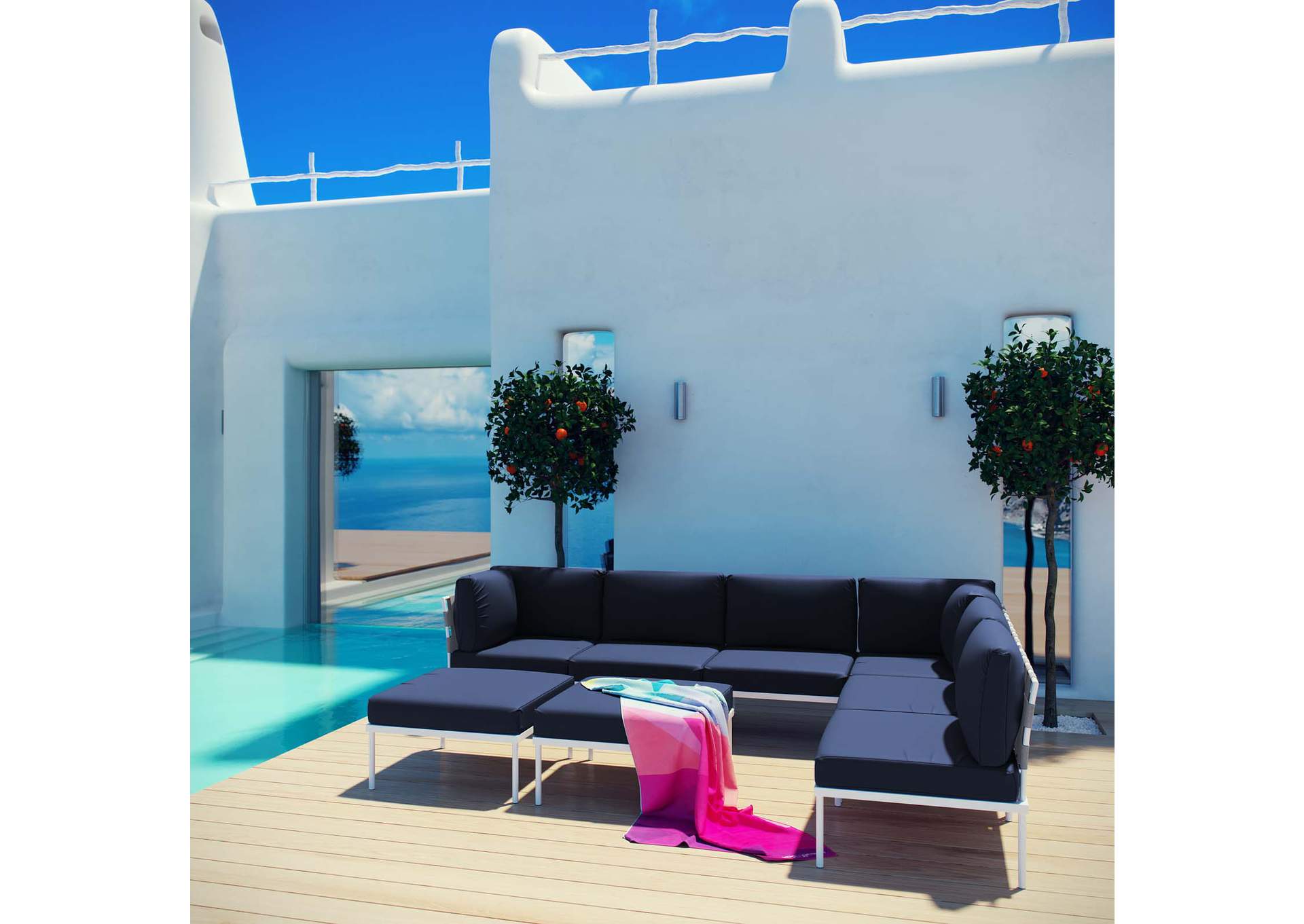 White Navy Harmony 8 Piece Outdoor Patio Aluminum Sectional Sofa Set,Modway