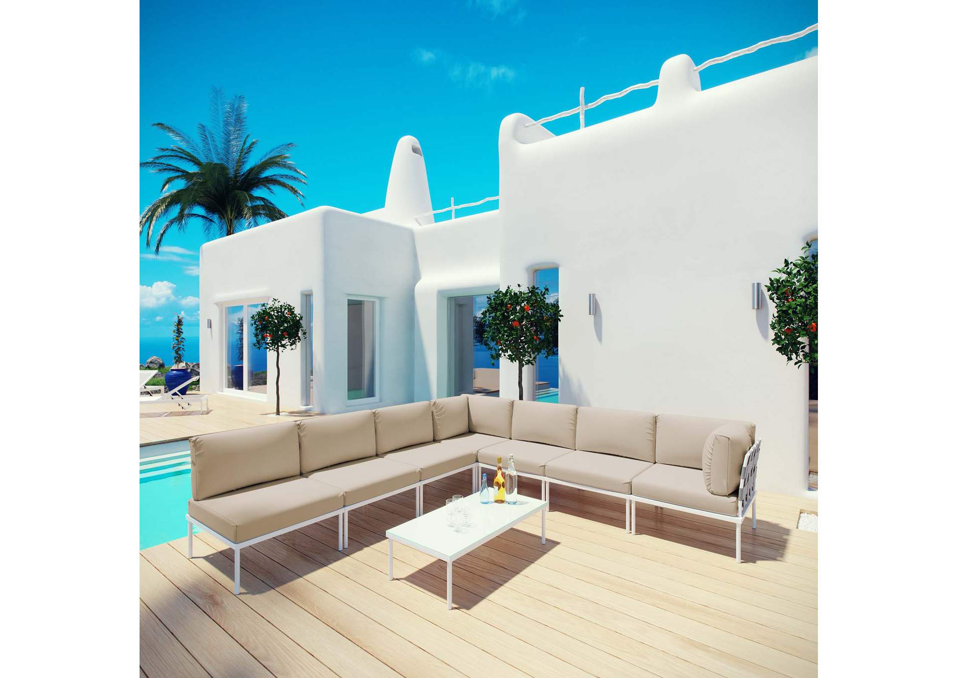 White Beige Harmony 8 Piece Outdoor Patio Aluminum Sectional Sofa Set,Modway