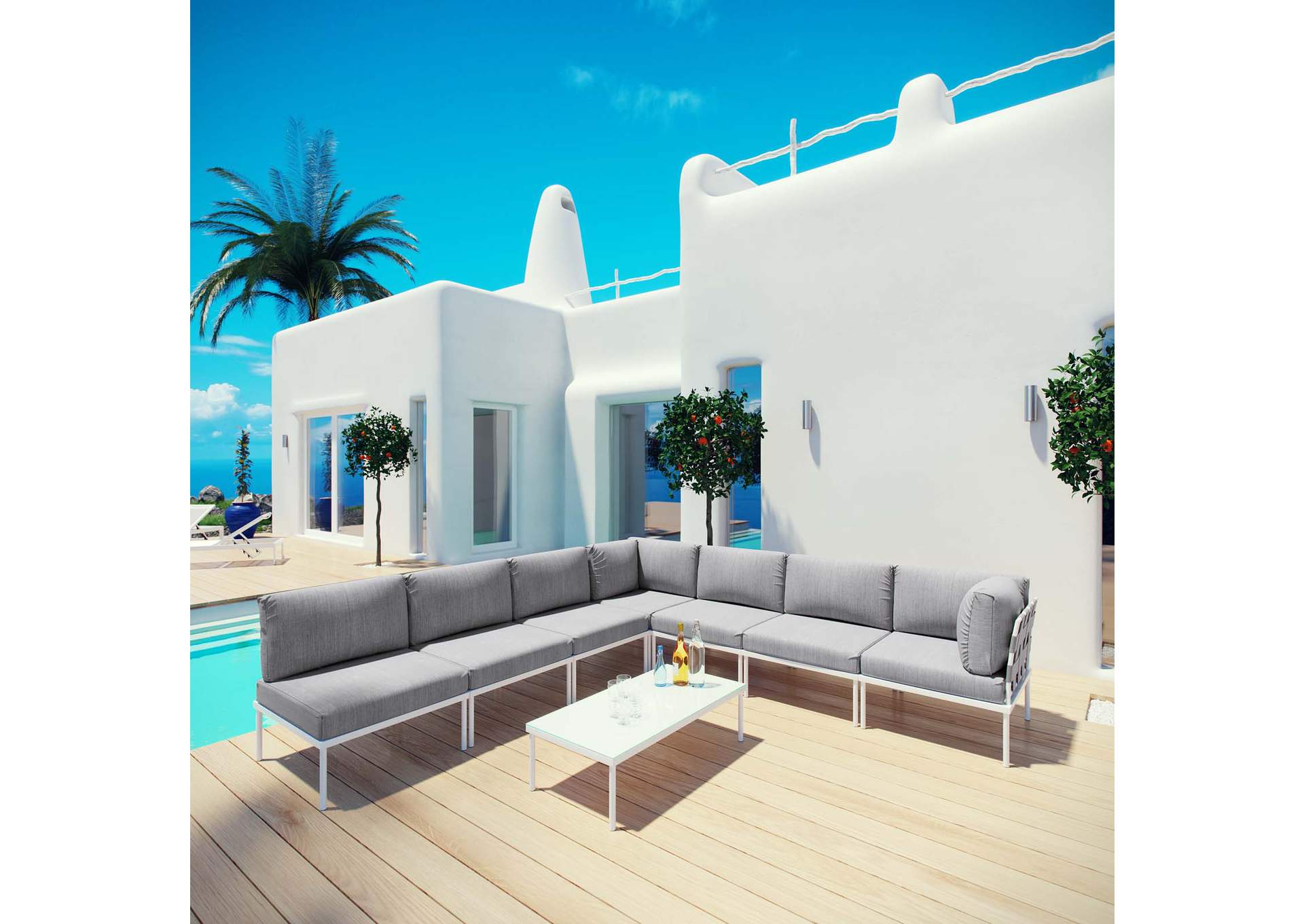 White Gray Harmony 8 Piece Outdoor Patio Aluminum Sectional Sofa Set,Modway