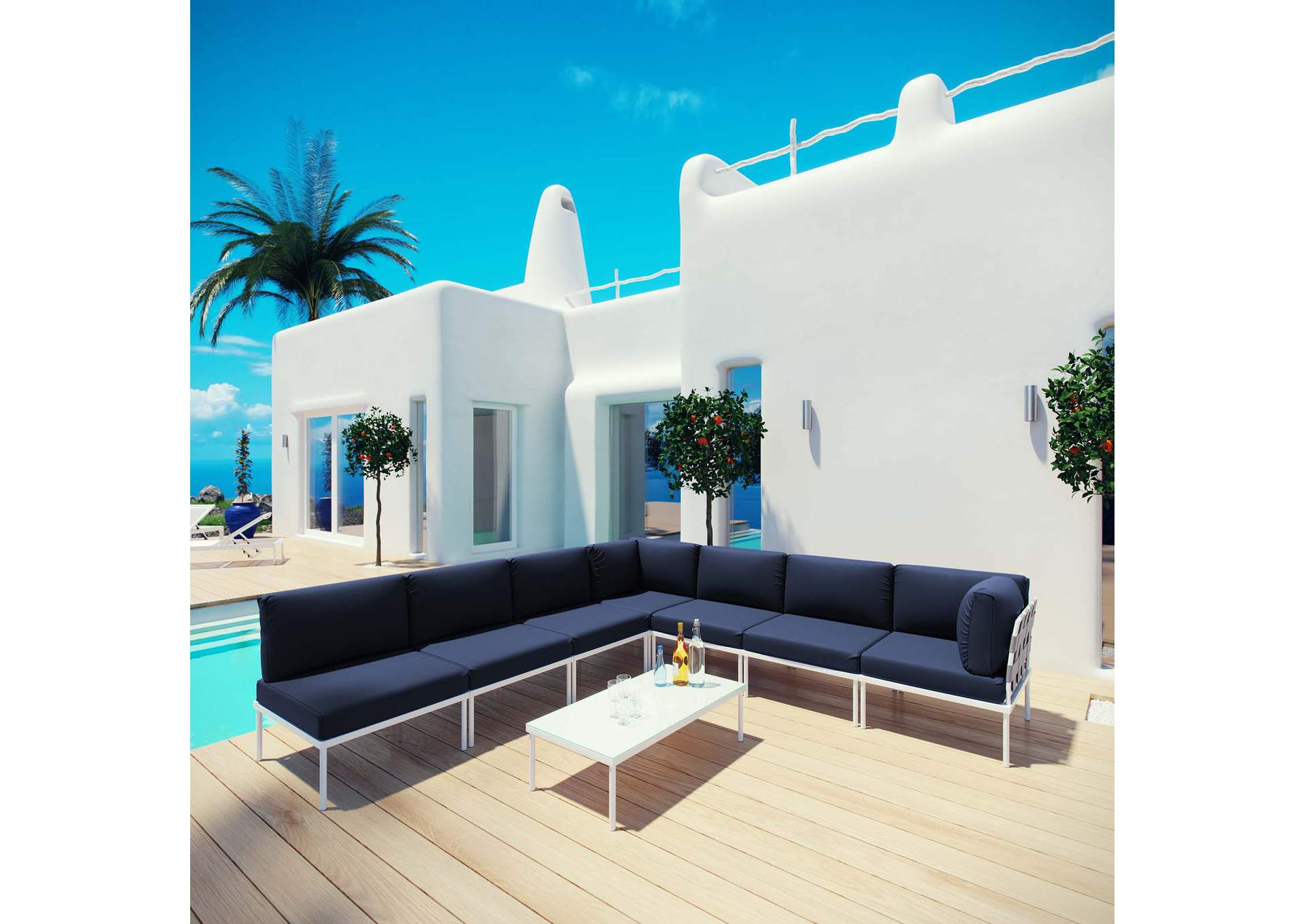 White Navy Harmony 8 Piece Outdoor Patio Aluminum Sectional Sofa Set,Modway