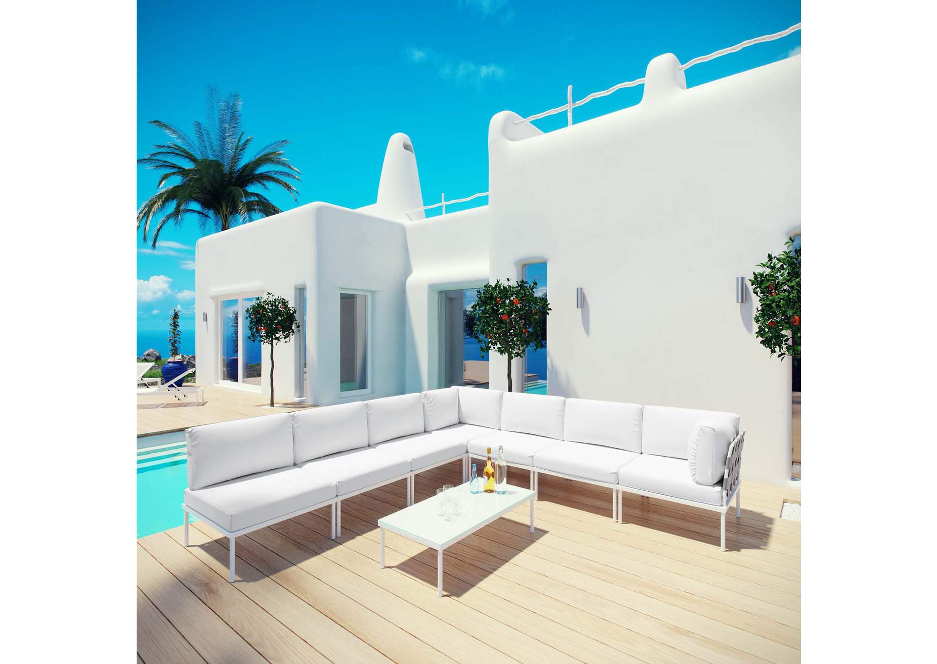White White Harmony 8 Piece Outdoor Patio Aluminum Sectional Sofa Set,Modway