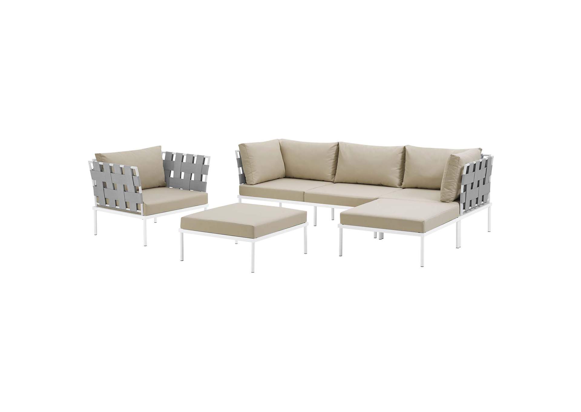 White Beige Harmony 6 Piece Outdoor Patio Aluminum Sectional Sofa Set,Modway