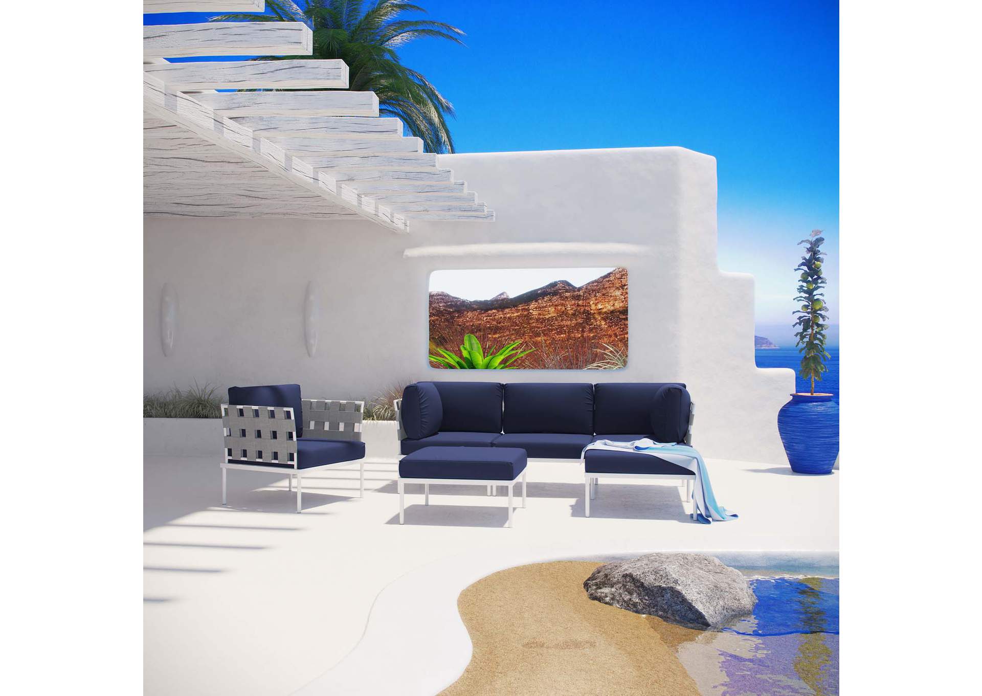 White Navy Harmony 6 Piece Outdoor Patio Aluminum Sectional Sofa Set,Modway