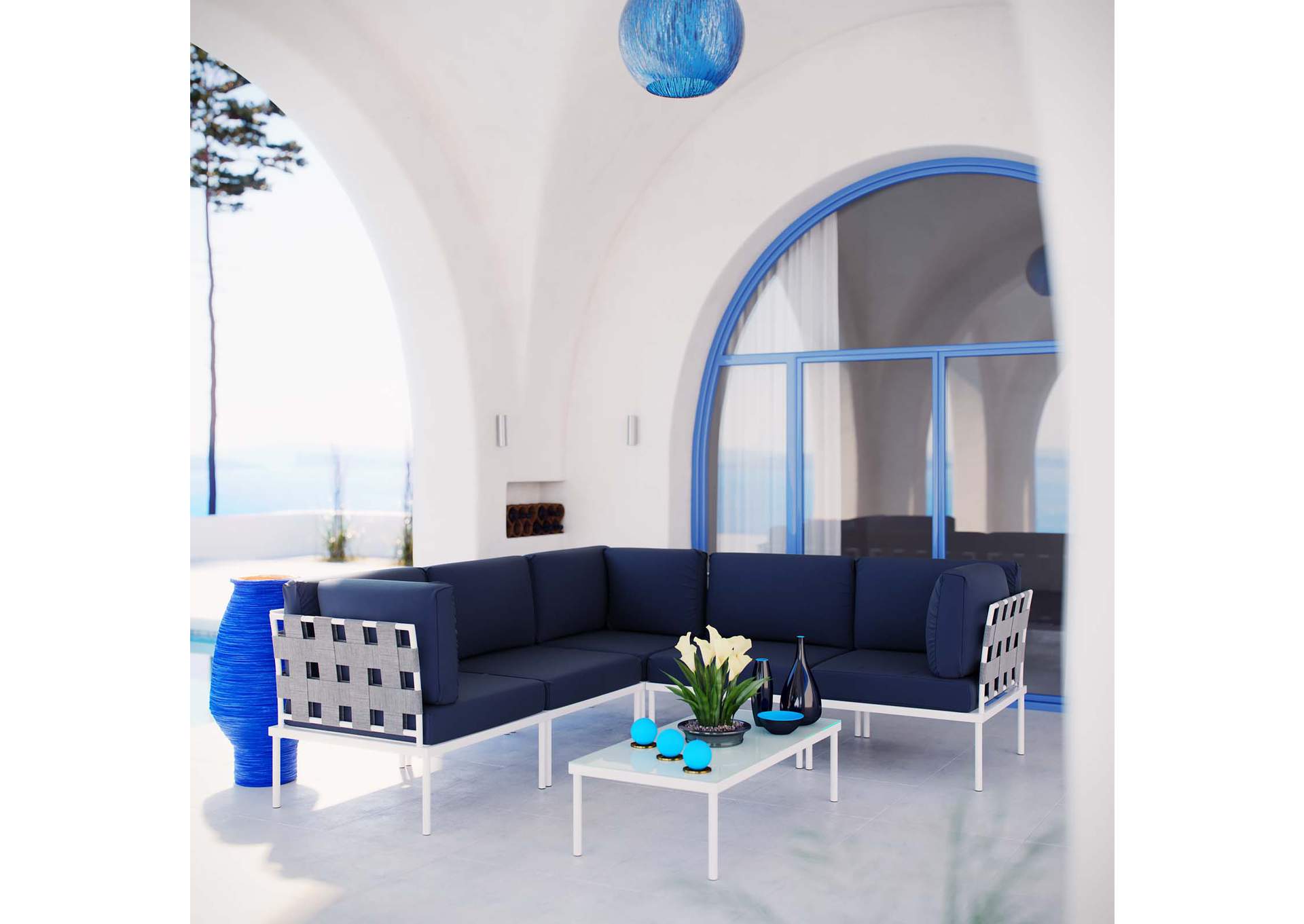 White Navy Harmony 6 Piece Outdoor Patio Aluminum Sectional Sofa Set,Modway